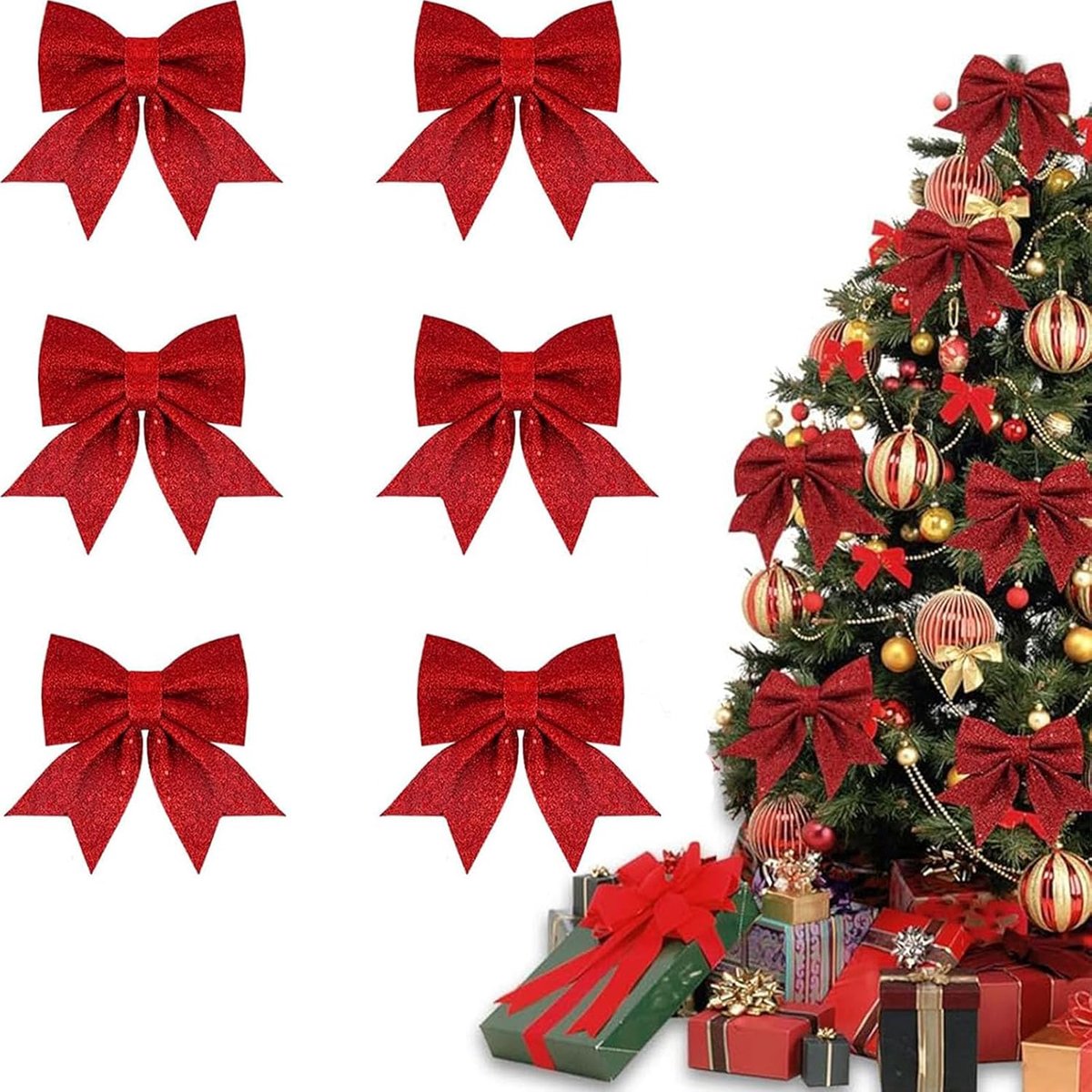 Strikken, strikken, kerstglitter, kerstboomstrik, voor kerstdecoratie, familiefeesten, bruiloftsfeesten (6 stuks)
