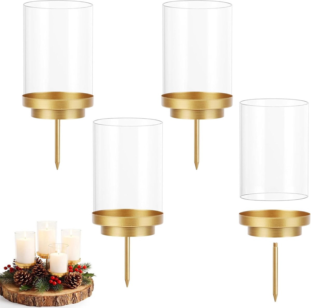 Set van 4 afneembare kandelaars metaal 2 in 1 windlicht glas goud 8 cm