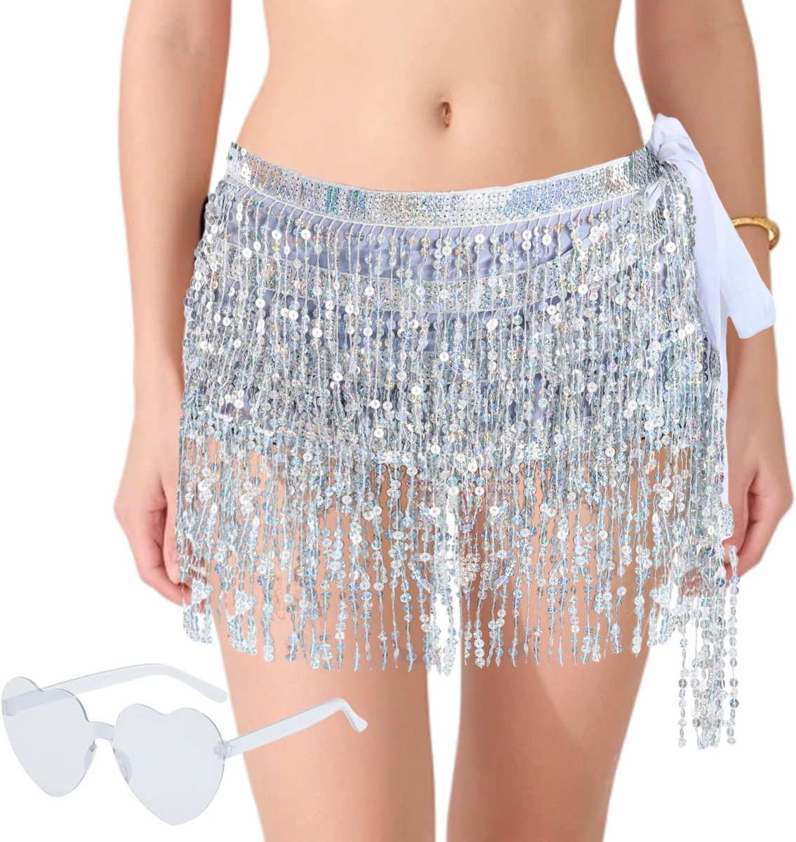 Pailletten, franjes, glitterrok met bril, kort buikdanskostuum voor carnaval of feest