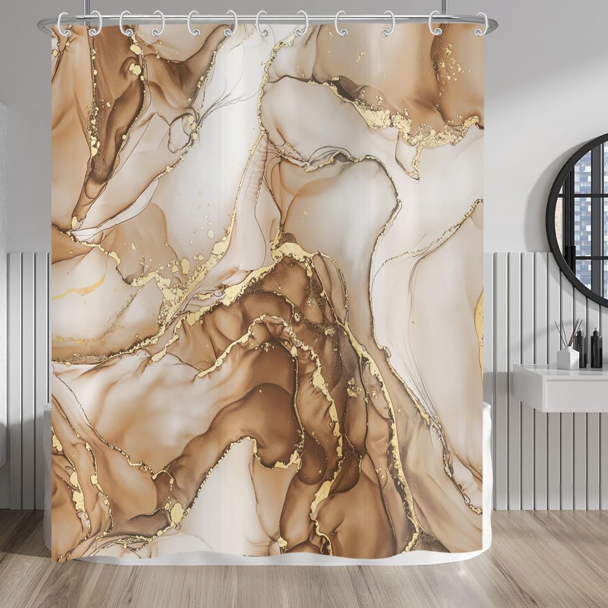 Douchegordijn van bruin en goud, abstracte marmeren badkamergordijnen, luxe moderne esthetische kunst inkttextuur waterdichte polyester stof wasbare badgordijnen met haken
