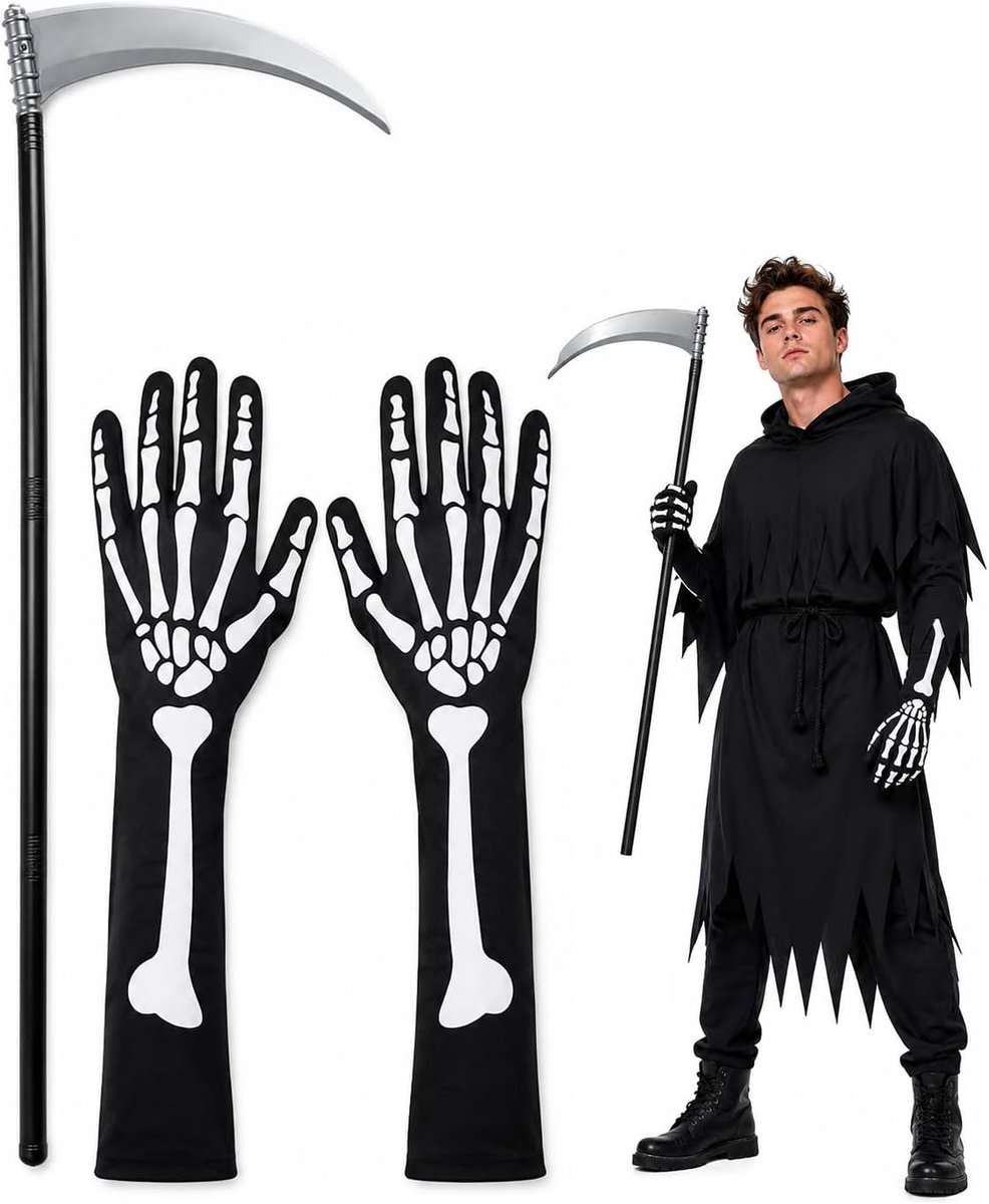 Skelet, 2 stuks (1 paar handschoenen + 1 sense), realistische skeletstructuur en antislip handgreep, ideaal voor feestjes, theater en indoor-uitvoeringen