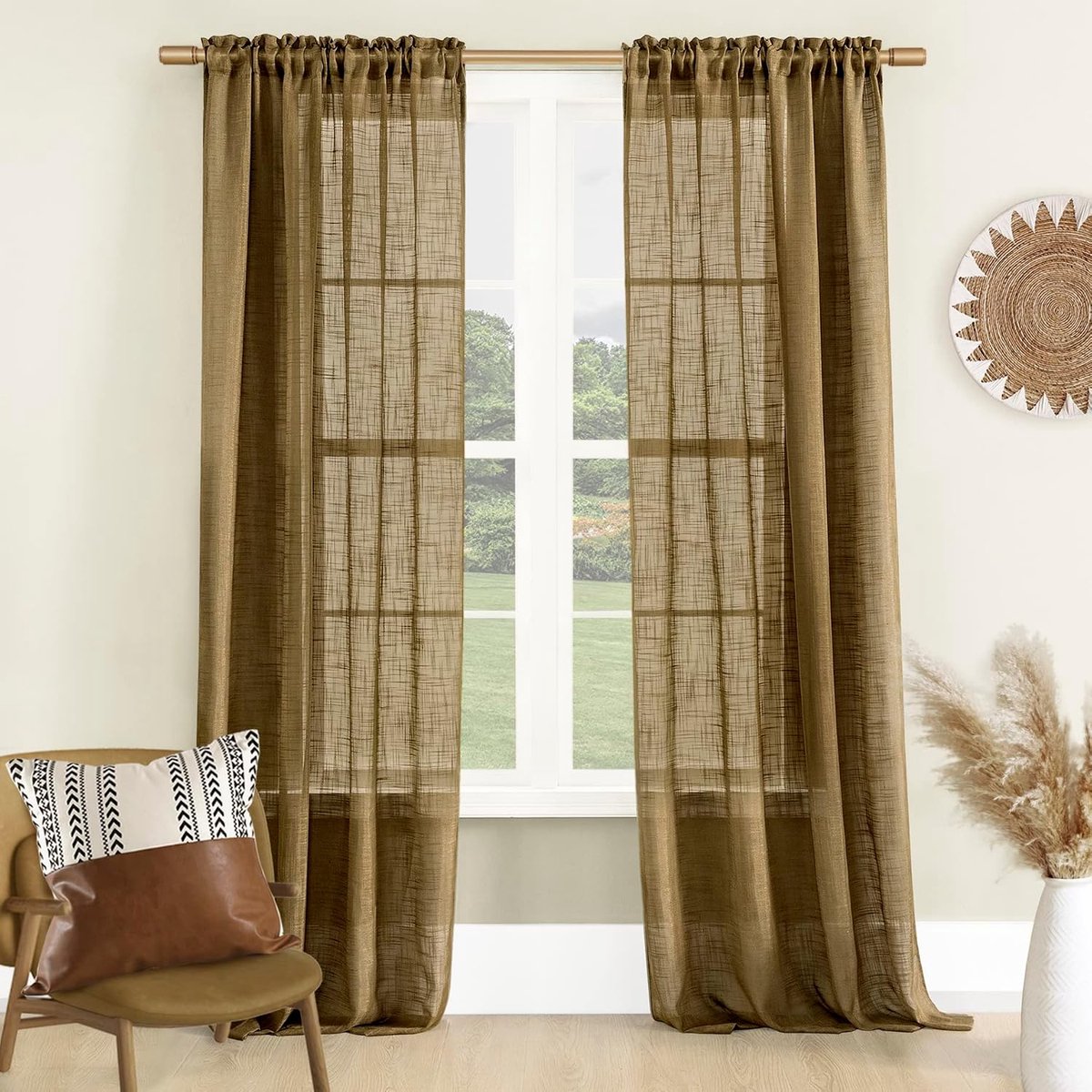 rustieke jute gordijnen 213 cm lang voor woonkamer warme winter aardkleurige pure lodge boho primitieve decoratie jute linnen tweed getextureerd bamboe gordijn voor raam glazen schuifdeur,