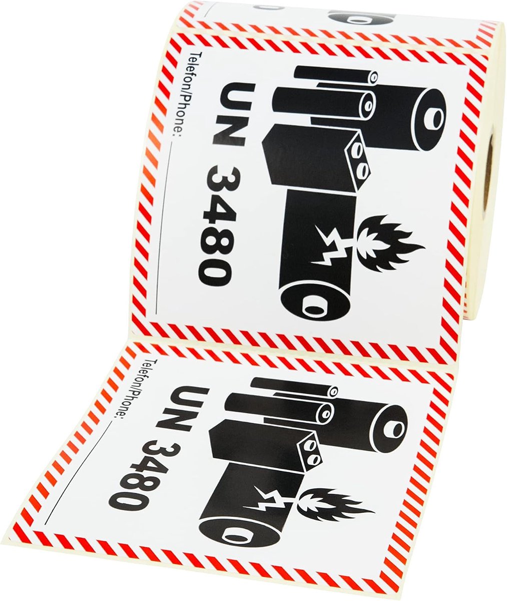 3480 sticker voor gevaarlijke goederen, bevat lithium-ionbatterijen, 500 stuks, 100 x 100 mm, zelfklevende etiketten, etiketten, zelfklevend, stickers voor gevaarlijke goederen
