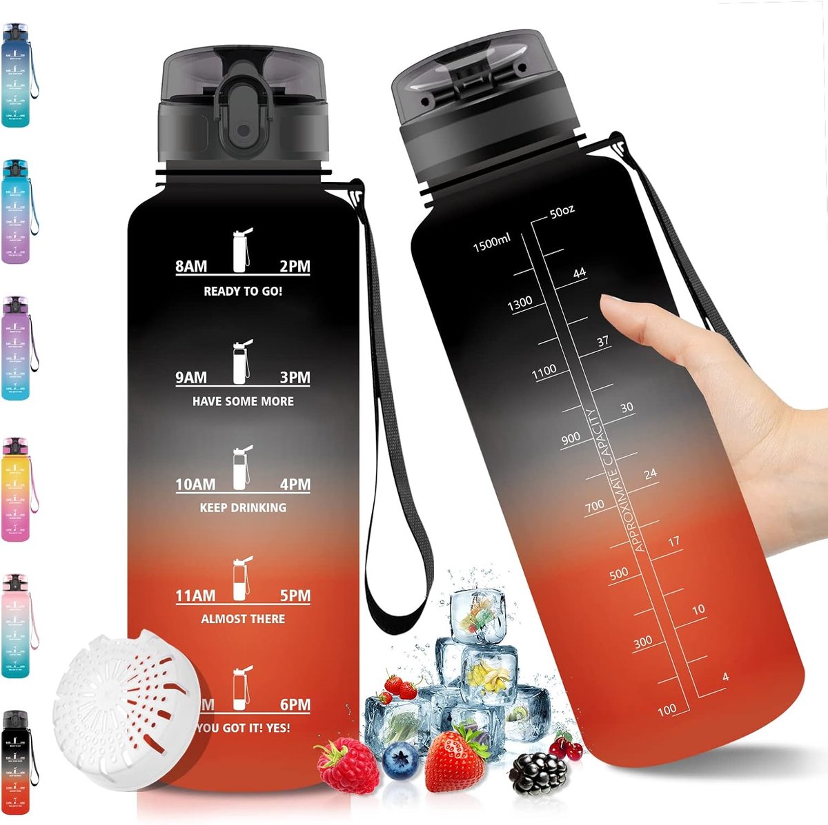 1,5 liter Drinkfles, lekvrij, BPA-vrij, sportfles met fruitfilter en motivatietijdmarkering, geschikt voor koolzuur, drinkfles voor kinderen, fiets, sport, fitness
