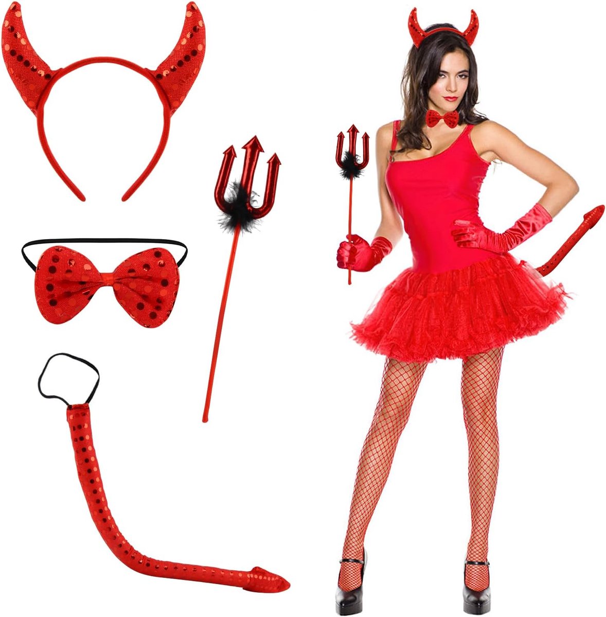 4 stuks duivelskostuum voor dames, Halloween-kostuum voor dames, vampierkostuum voor dames, duivelshoorns, duivelshoorns, duivelvlinder, drietand, voor cosplay, carnavalskostuum, dames,