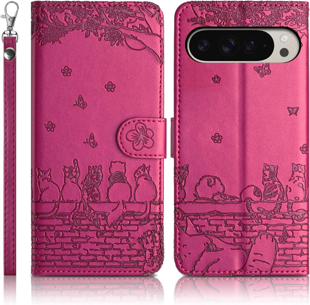 Beschermhoesje voor Google Pixel 9 Pro XL 5G flipcase, premium PU-leren hoes, Google Pixel 9 Pro XL 5G, magnetisch, kaartenvak en siliconen houder, roze