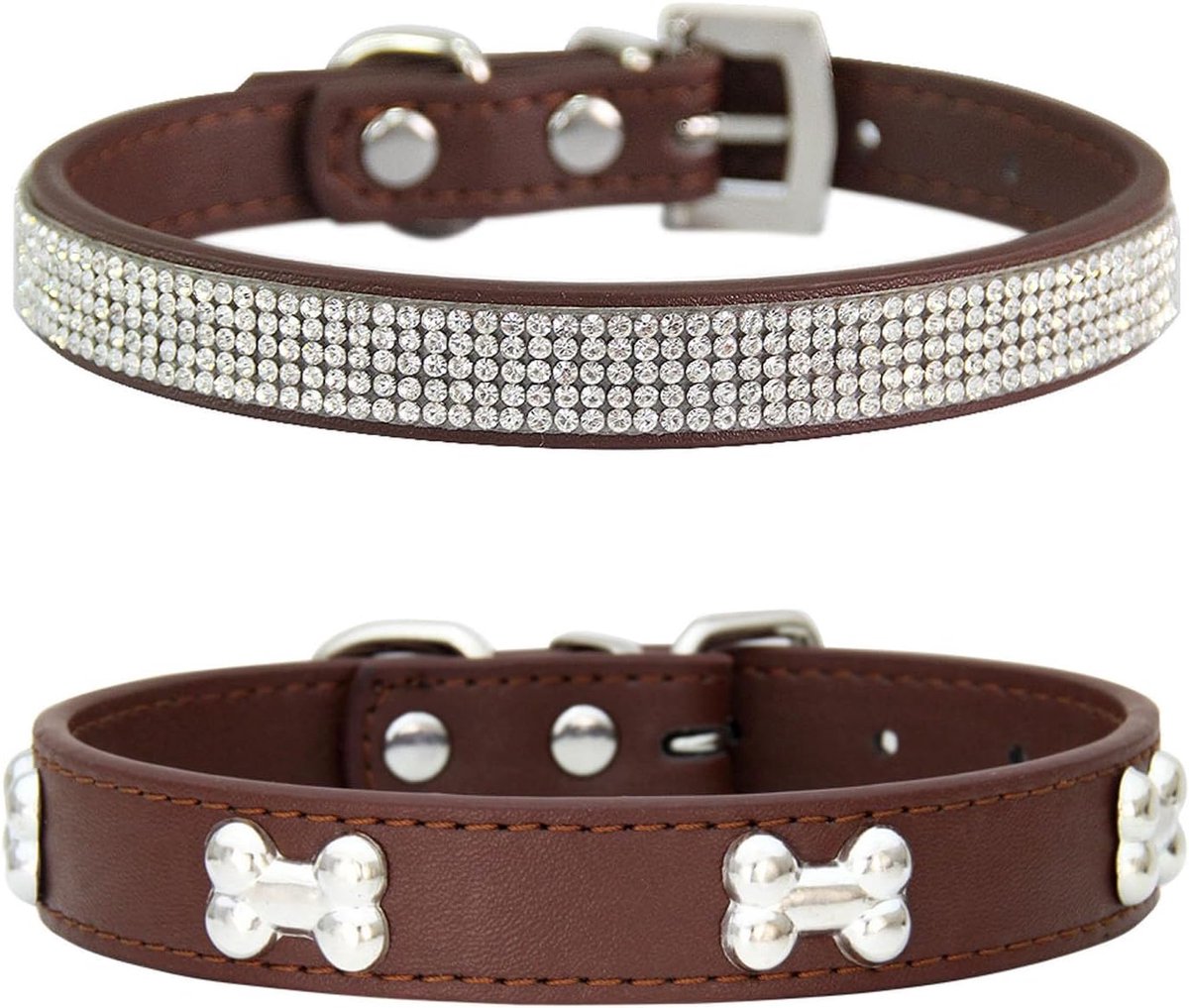 2 stuks hondenhalsband van leer, hondenhalsband met strass halsband voor kleine honden met metalen botversiering, geschikt voor kleine middelgrote honden en katten, bruin, M