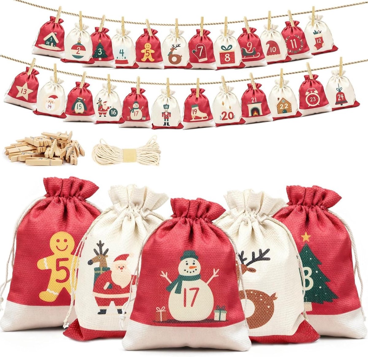 Adventskalender om zelf te vullen - Rood/beige - 18 x 13 cm - Jutezakjes met Uniek Kerstmotief - Voor Persoonlijke Cadeaus