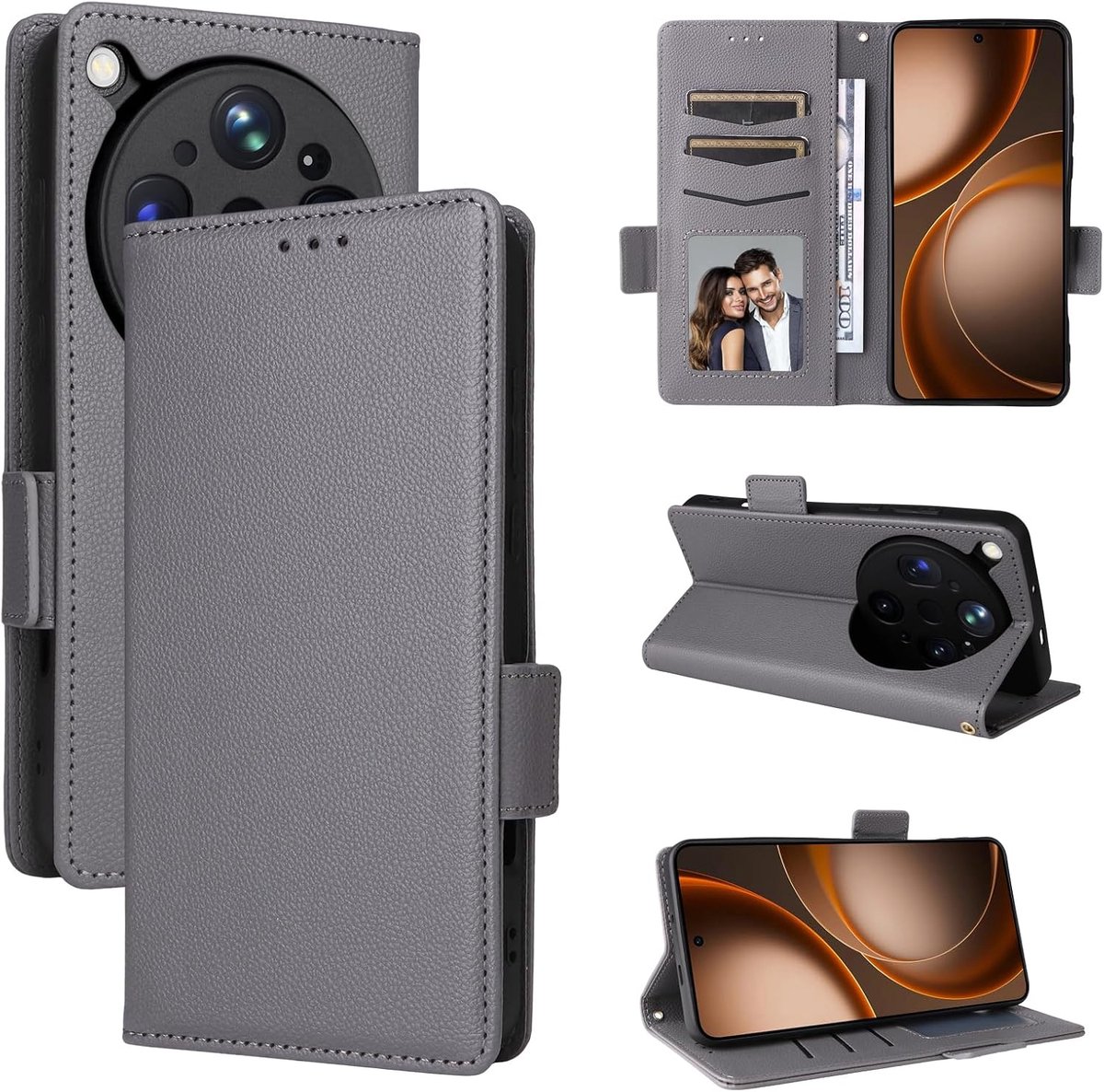 Find X9 Ultra hoes, Wallet met Magnetische, Standaard hoesje, Schokbestendige beschermhoes voor OPPO Find X9 Ultra-Grijs
