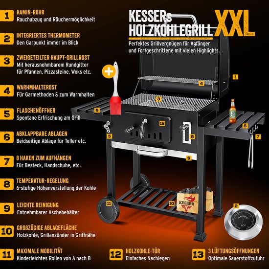 KESSER® Houtskoolbarbecue XXL Barbeque Houtskool met Deksel, Wielen, Roestvrij Stalen Handvat, Barbecuerooster en Thermometer, 8 Spiesen met Zakje & siliconen Borstel, grote BBQ Camping Terras Tuin van KESSER — afbeelding 2