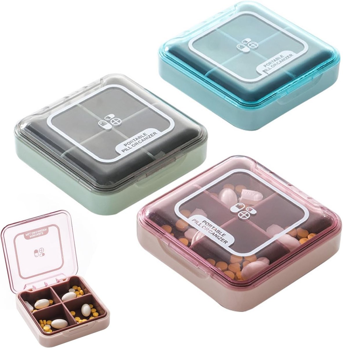 Tabletten Organizer Set van 3 Stuks, Compacte Medicijn Doos met 4 Compartimenten, Ideaal voor Reizen en Vitamines