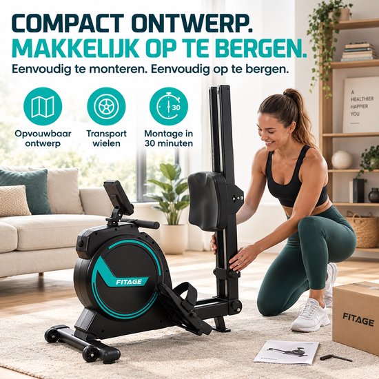 Vrouw demonteert een zwarte en turquoise roeitrainer in een woonkamer, 'Compact ontwerp' staat op een inzetstuk.