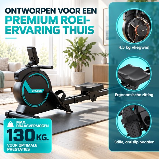 Zwarte en turquoise roeitrainer in een woonkamer, met inzetstukken die '4,5 kg vliegwiel', 'Ergonomische zitting' tonen. Max. draagvermogen 130kg.