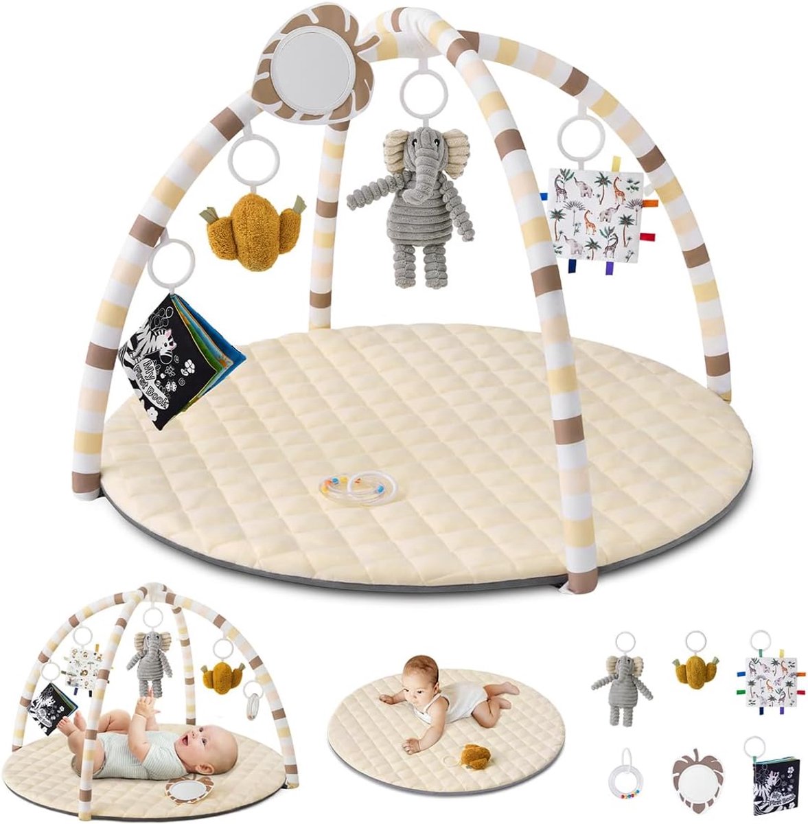 Diary Baby Play Gym, Baby Activity Mat Met 6 Verwijderbare Speelgoed, Eenvoudig Te Installeren En Reinigen, Essentieel Babypakket Babycadeaus, Beige