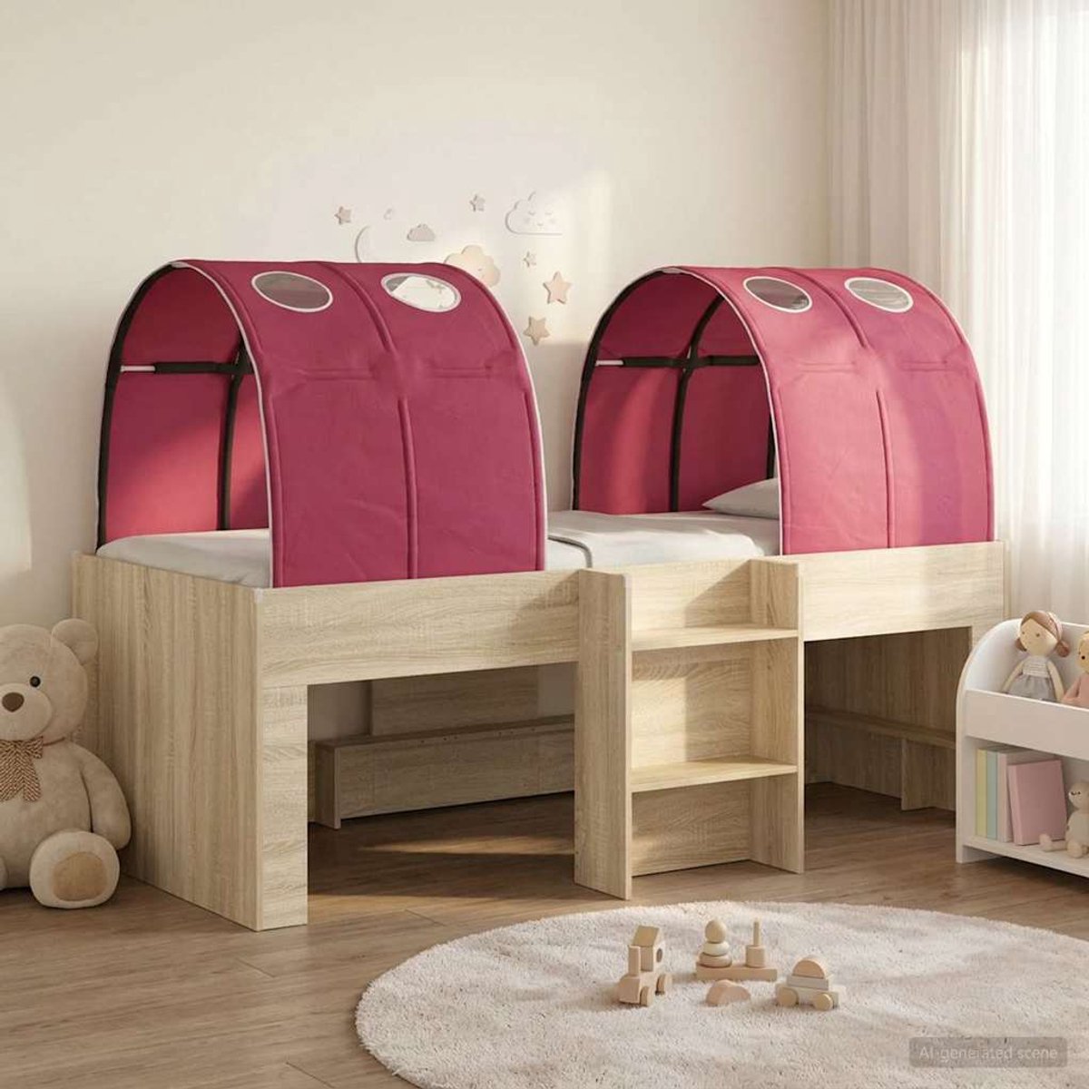 vidaXL Bed - met - Tunnel - 3 - st - Sonoma - en - Rood - Bewerkt - hout Sonoma en rood