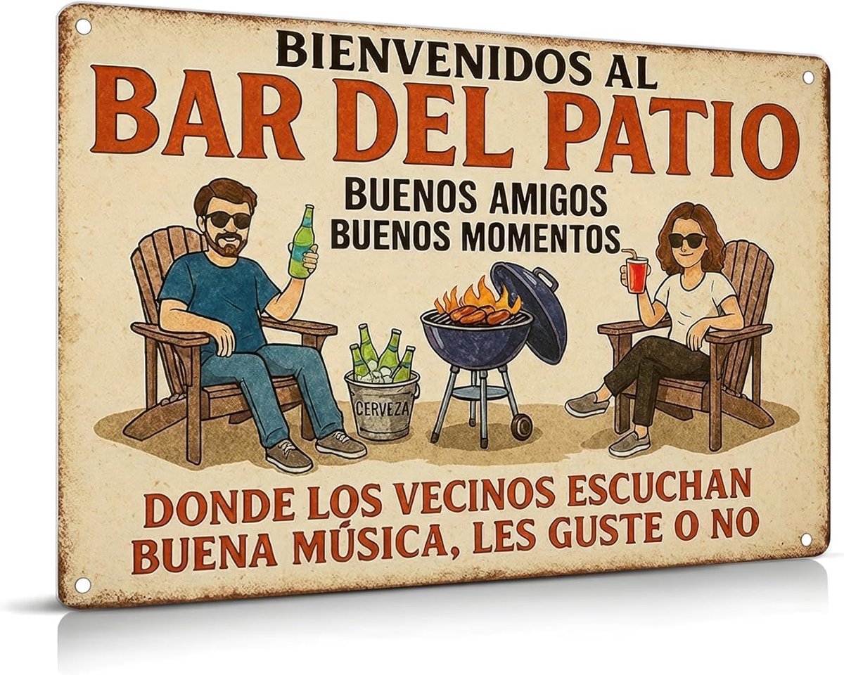 bord Bar del Patio 30 x 20 cm, Vintage blikken bord met grappige tekst voor terras tuin bar grillplaats wanddecoratie feestruimte en cadeau-idee