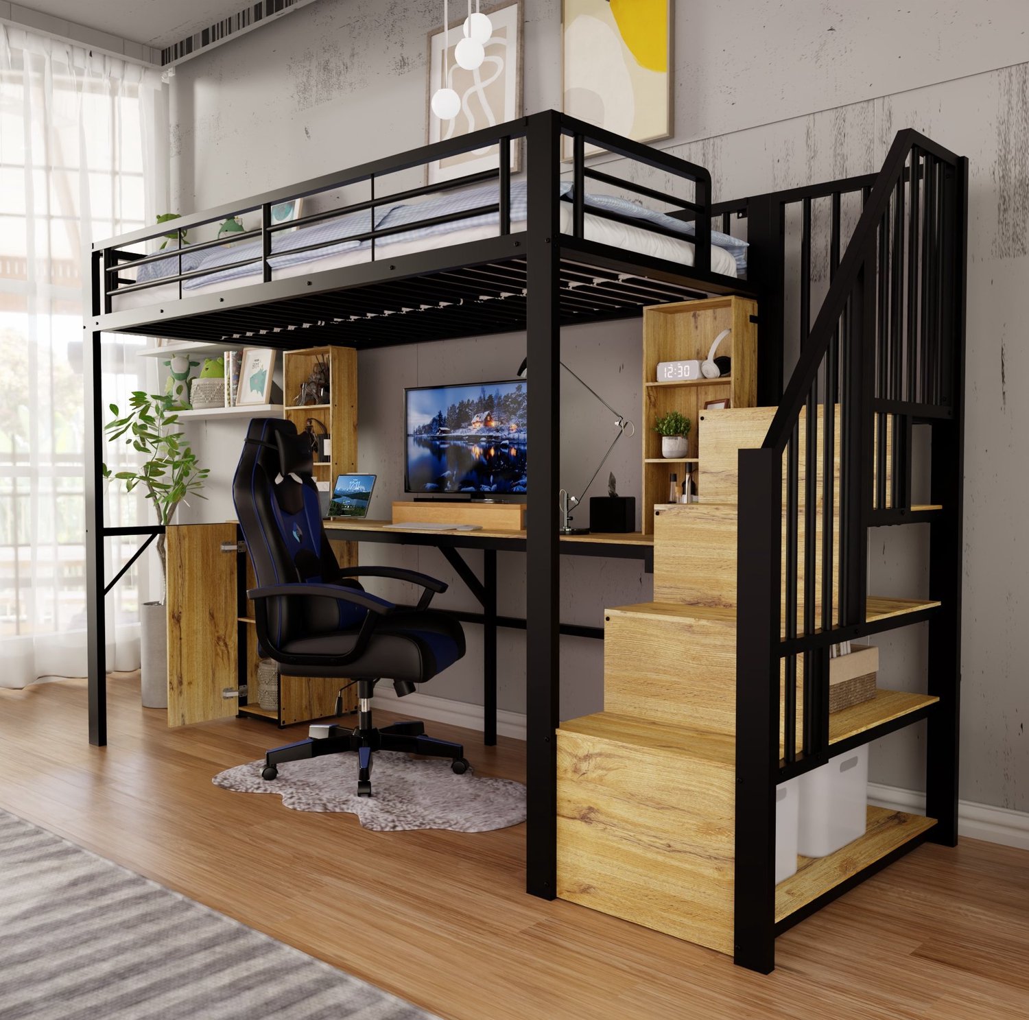 MODFU Hoogslaper - Met Bureau En Opbergtrap - Metaal En MDF - Zwart - 90 x 200 cm