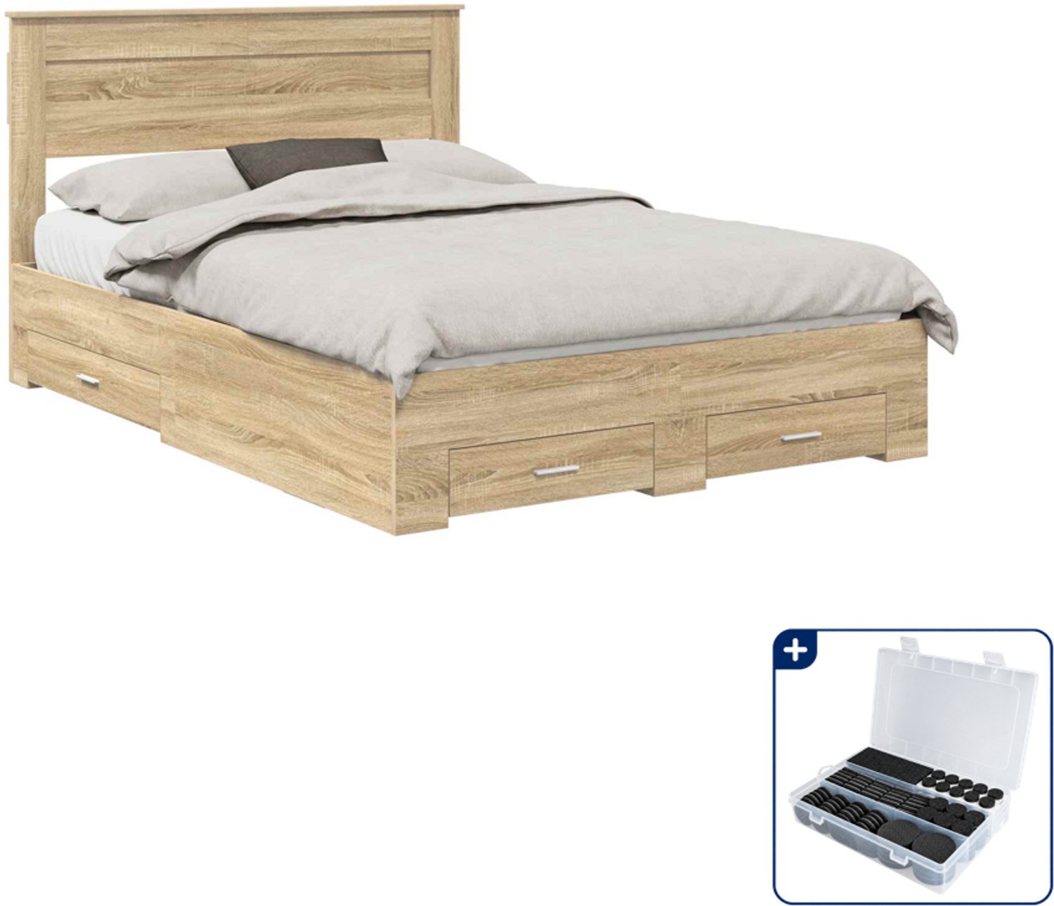 vidaXL bedframe met lade - 140 x 190 cm - bewerkt hout - sonoma eiken - Inclusief antikrasvilt 177-delig Grijs