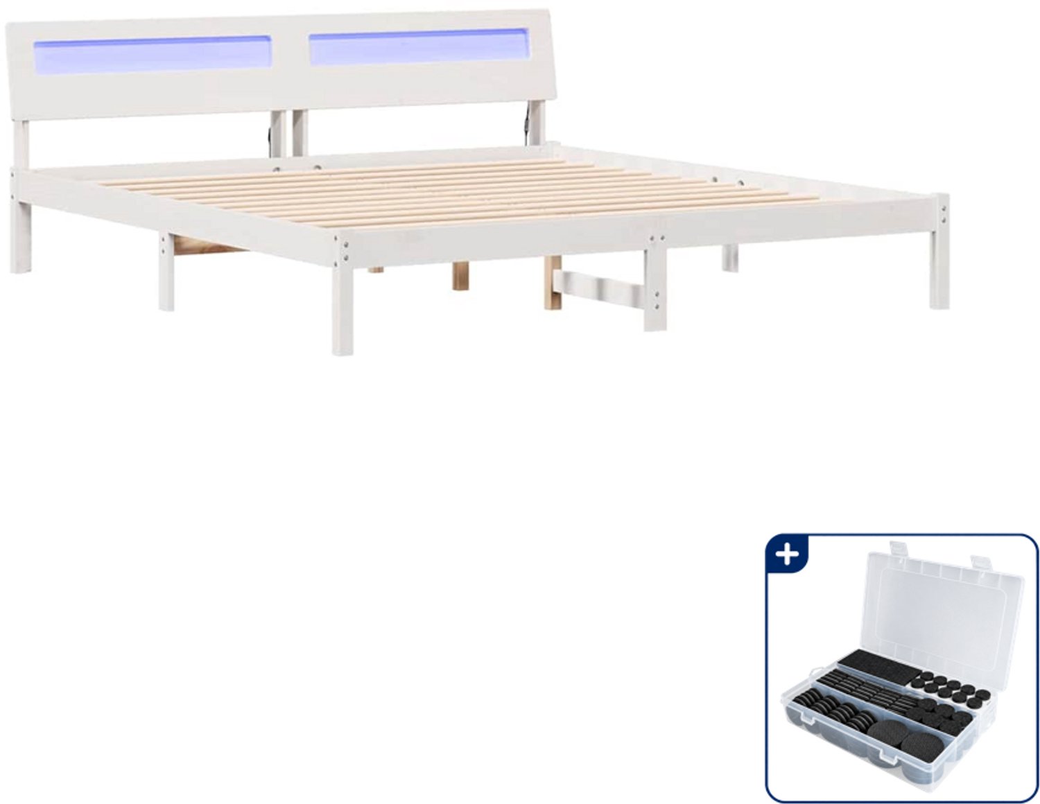 vidaXL Bedframe met hoofdeinde - 200 x 200 cm - massief grenenhout - wit - Inclusief antikrasvilt 177-delig Bruin