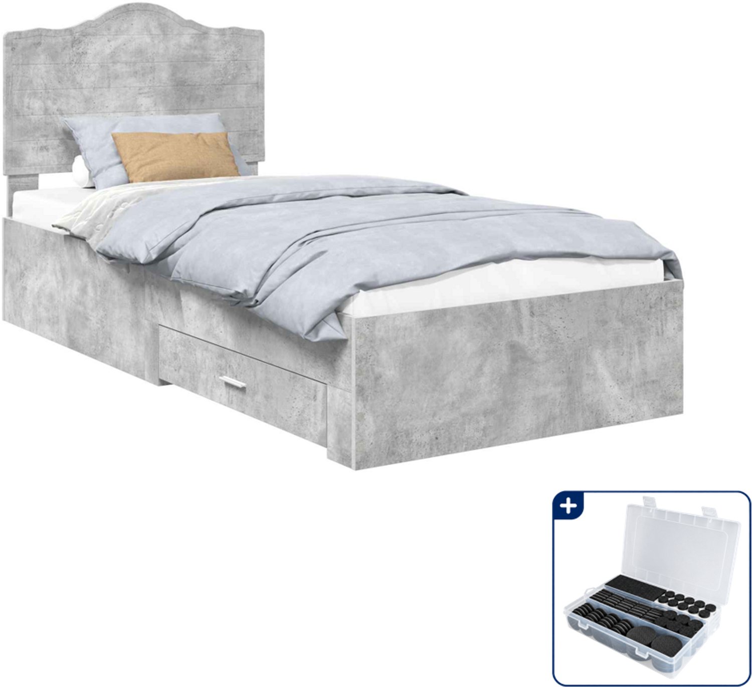 vidaXL bedframe met lade - 70 x 190 cm - bewerkt hout - beton grijs - Inclusief antikrasvilt 177-delig