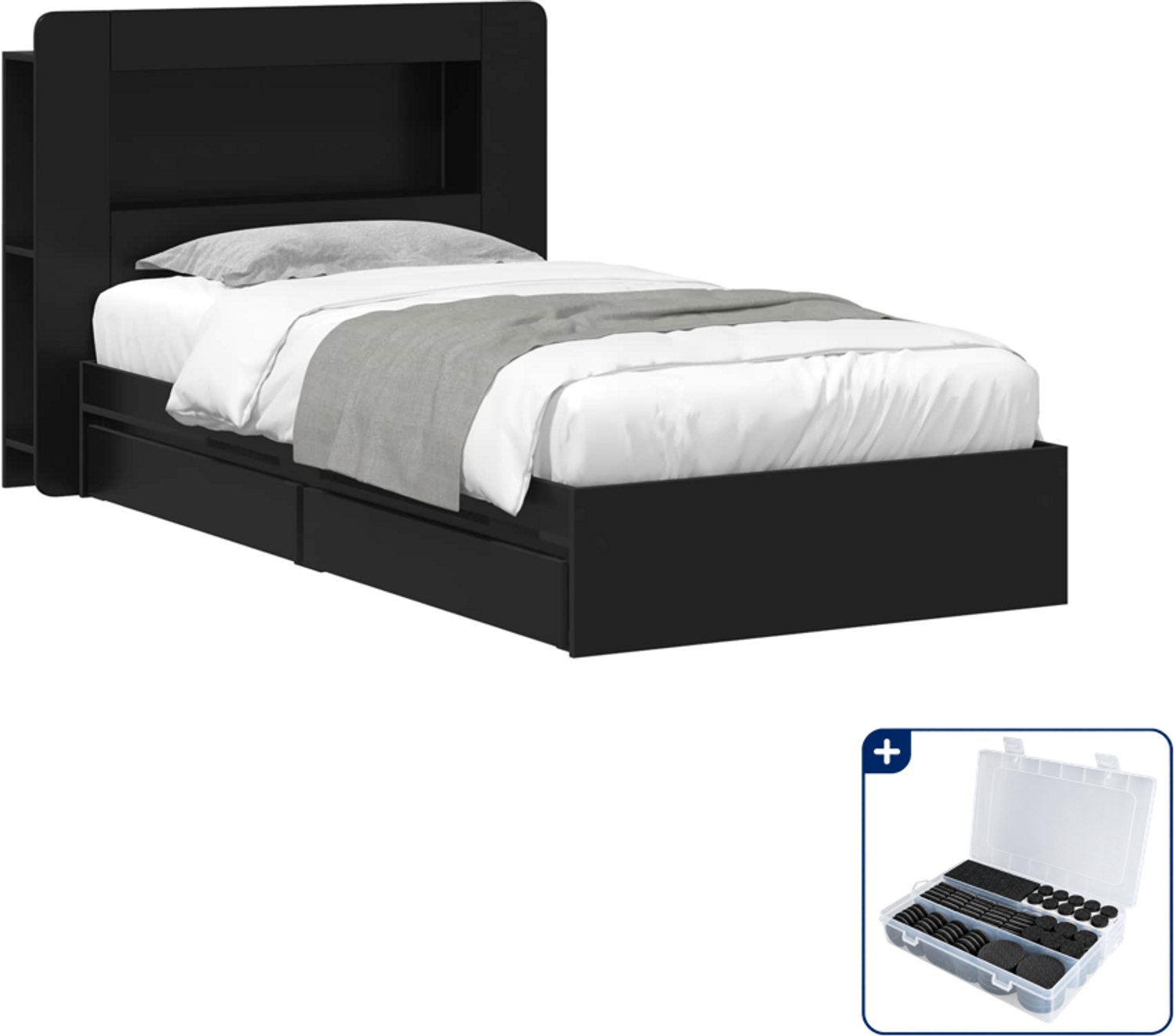vidaXL bedframe met opslag - 90 x 190 cm - bewerkt hout - zwart - Inclusief antikrasvilt 177-delig
