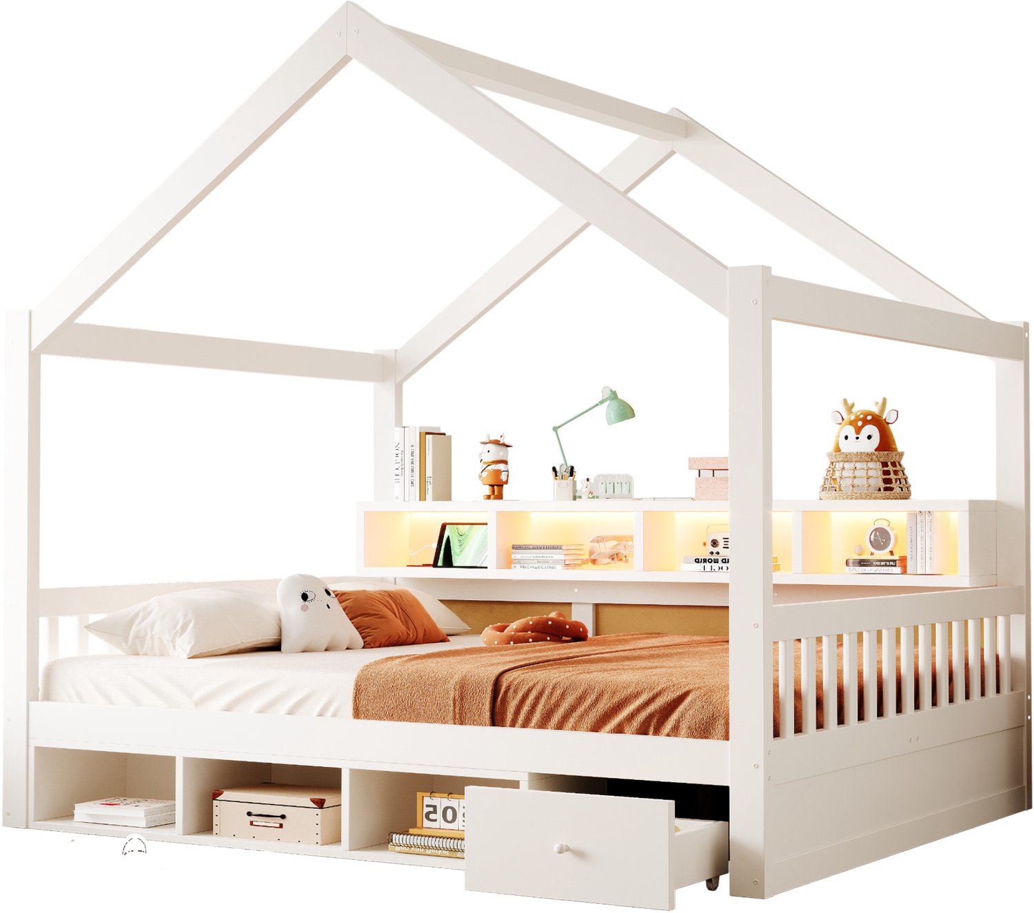 MUVANO Houten huisbed 140 x 200 cm - Dakframe, opbergvakken en lades - Met lattenbodem, ledverlichting en stopcontacten - Voor de tienerkamer - Wit