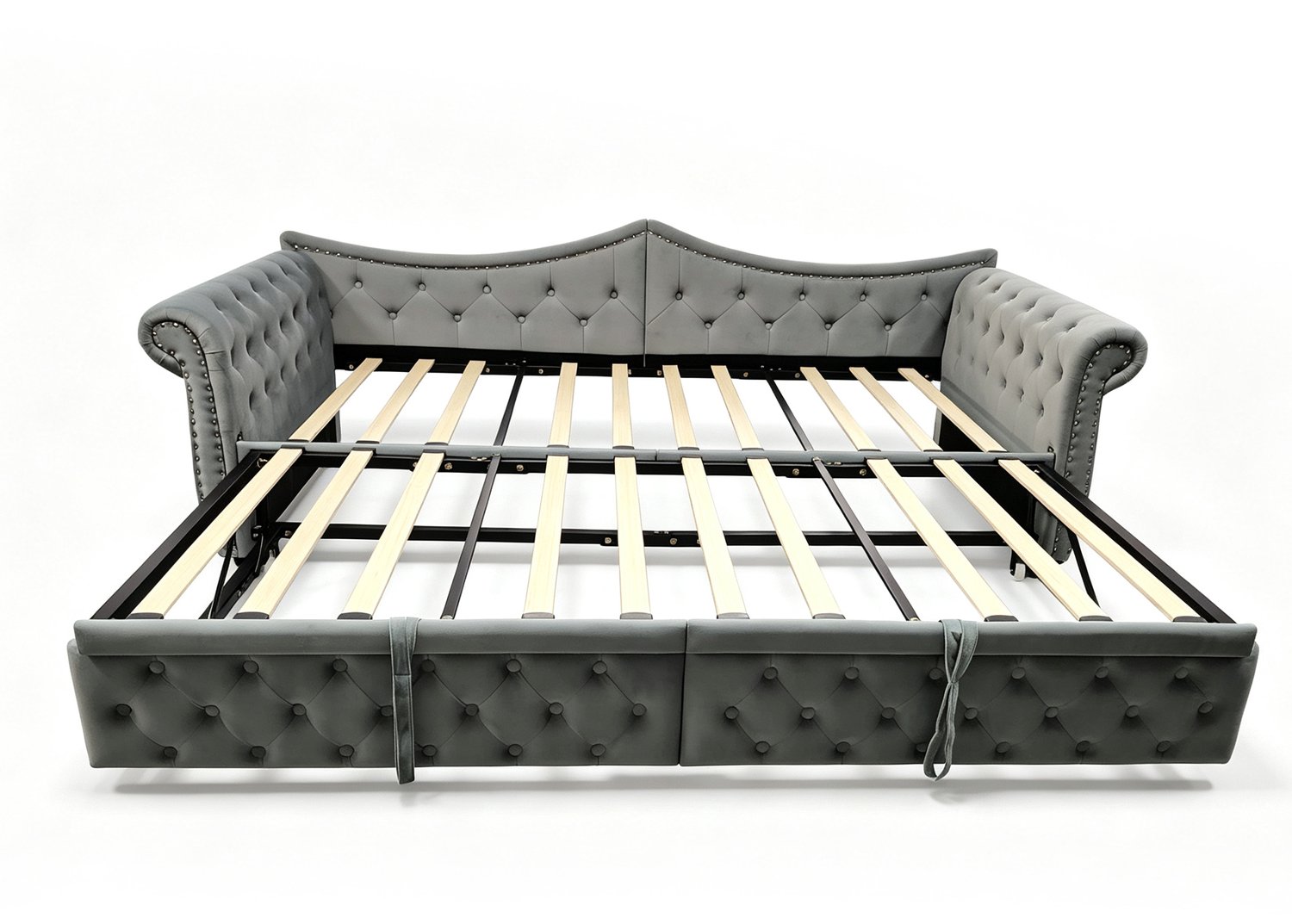 MUVANO 3-in-1 slaapbank - Uitschuifbaar logeerbed - Fluweel met siernagels - USB en ledverlichting - 90 x 200 cm - Voor woon- en logeerkamer - Grijs