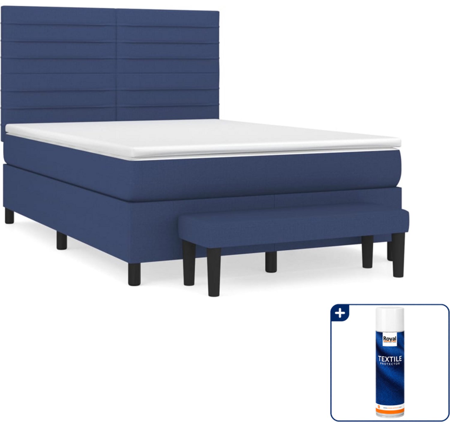 vidaXL boxspring met matras en bankje - 140 x 190 cm - blauw - Inclusief textielbeschermer 500 ml