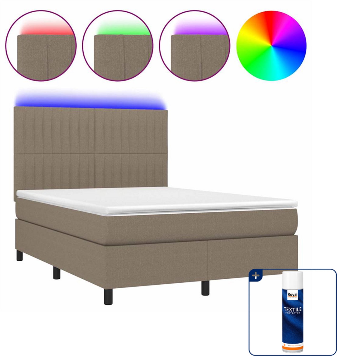 vidaXL boxspring met matras en LED - 140 x 190 cm - taupe - Inclusief textielbeschermer 500 ml