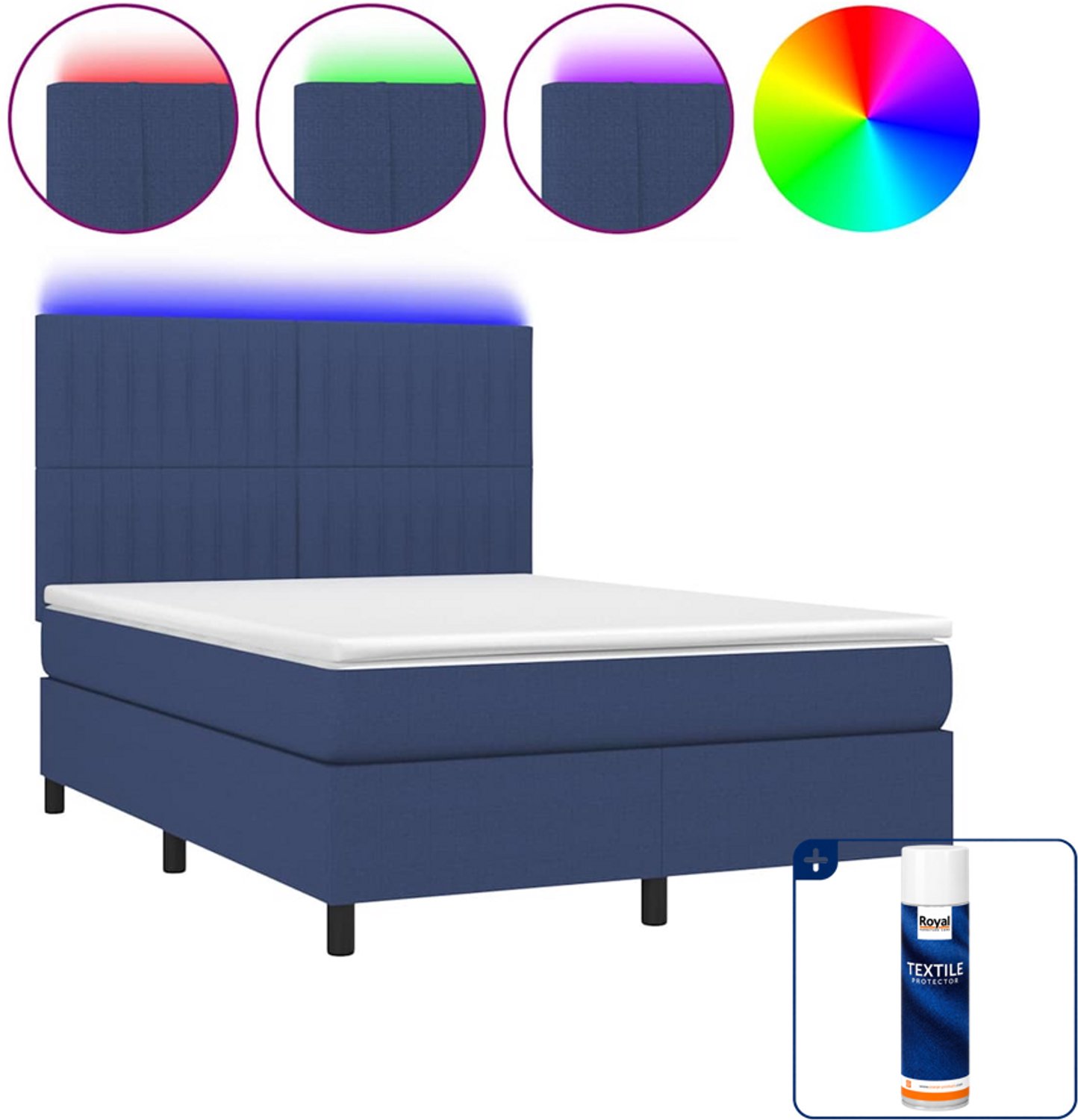 vidaXL boxspring met matras en LED - 140 x 190 cm - blauw - Inclusief textielbeschermer 500 ml