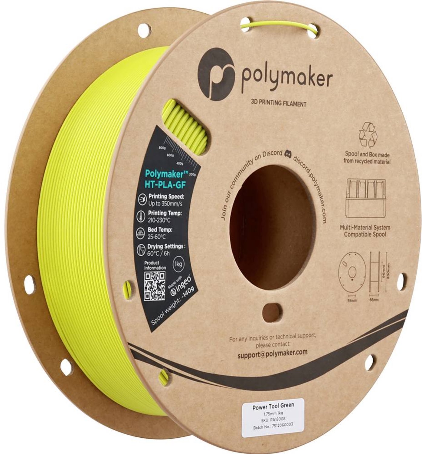 Polymaker PA18008 HT-PLA-GF Filament HT-PLA-GF Warmtebestendig, Glasvezelversterkt, Mat, Highspeed filament 1.75 mm 100 Kleurloos