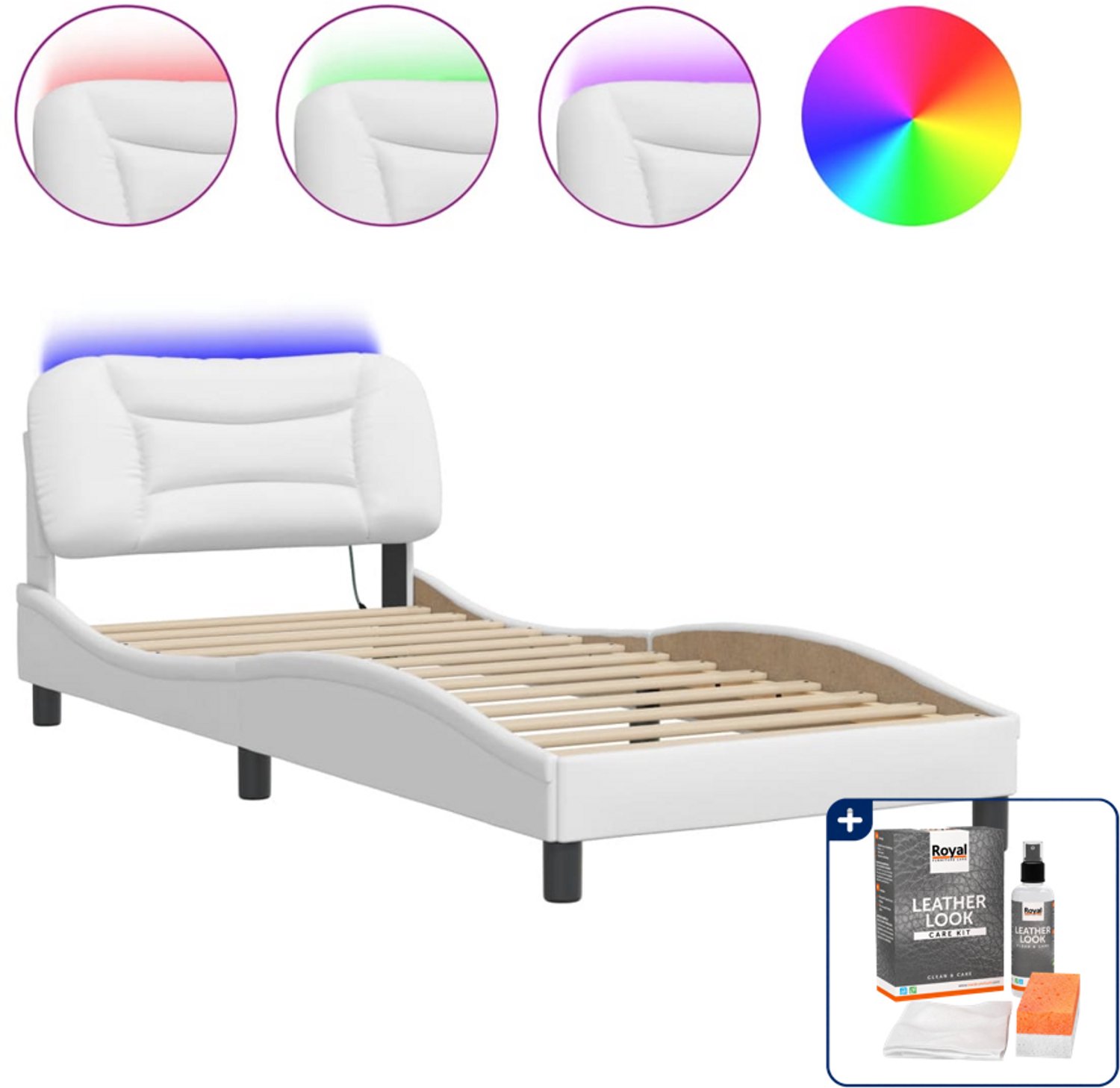 vidaXL Hvar bedframe met LED - 80 x 200 cm - wit - Inclusief onderhoudsset voor kunstleer 150 ml