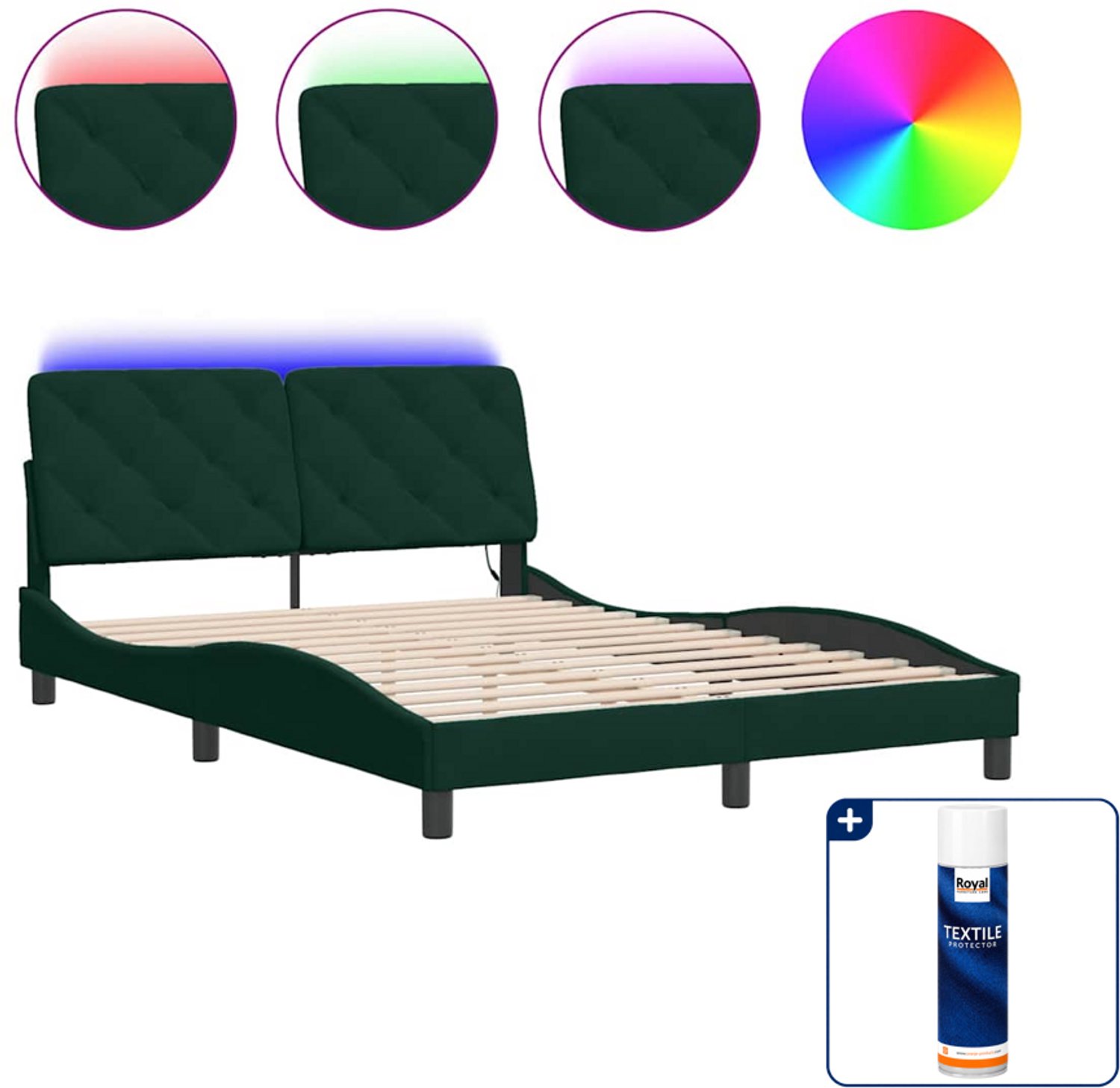 vidaXL bedframe met LED - 140 x 190 cm - fluweel - donkergroen - Inclusief textielbeschermer 500 ml