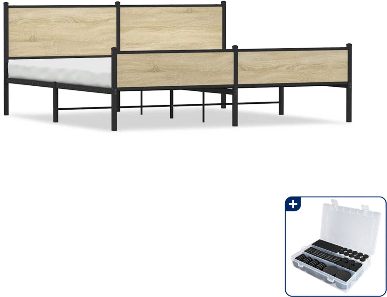 vidaXL Bedframe - 193 x 203 cm - staal en bewerkt hout - sonoma eiken - Inclusief antikrasvilt 177-delig Bruin