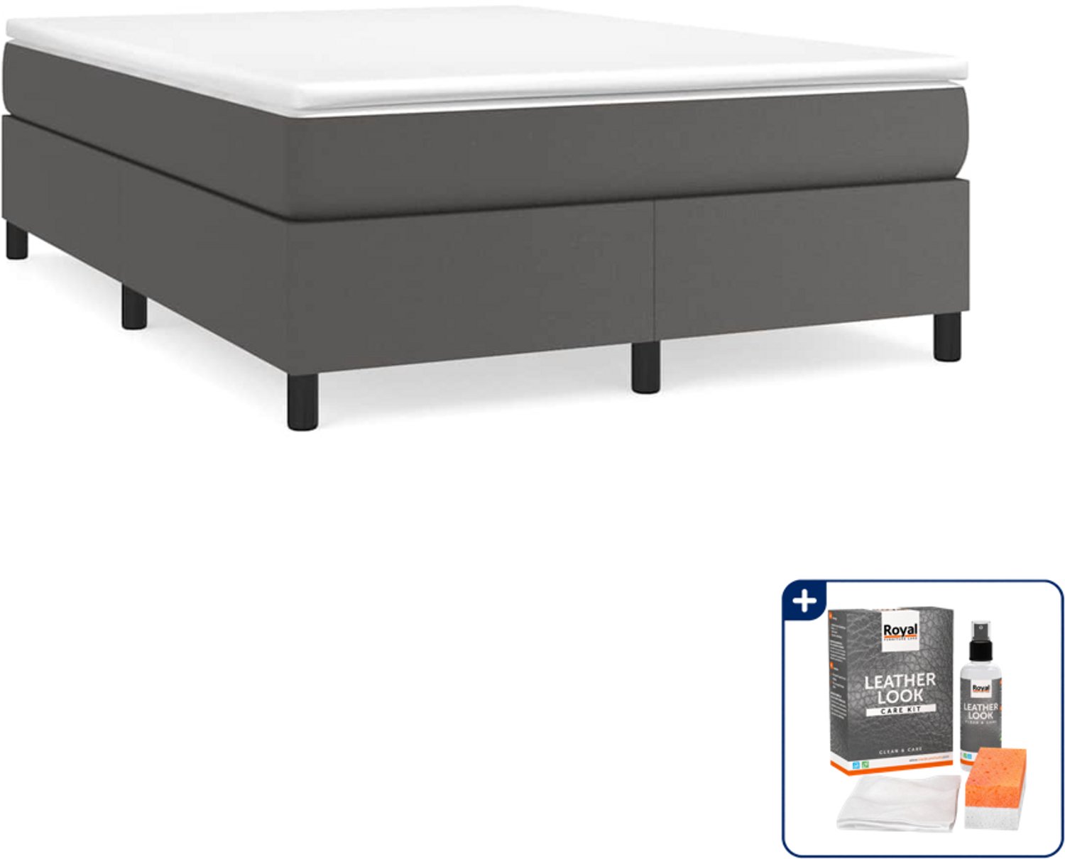 vidaXL boxspring met matras 140 x 190 cm - kunstleer - grijs - Inclusief onderhoudsset voor kunstleer 150 ml Zwart