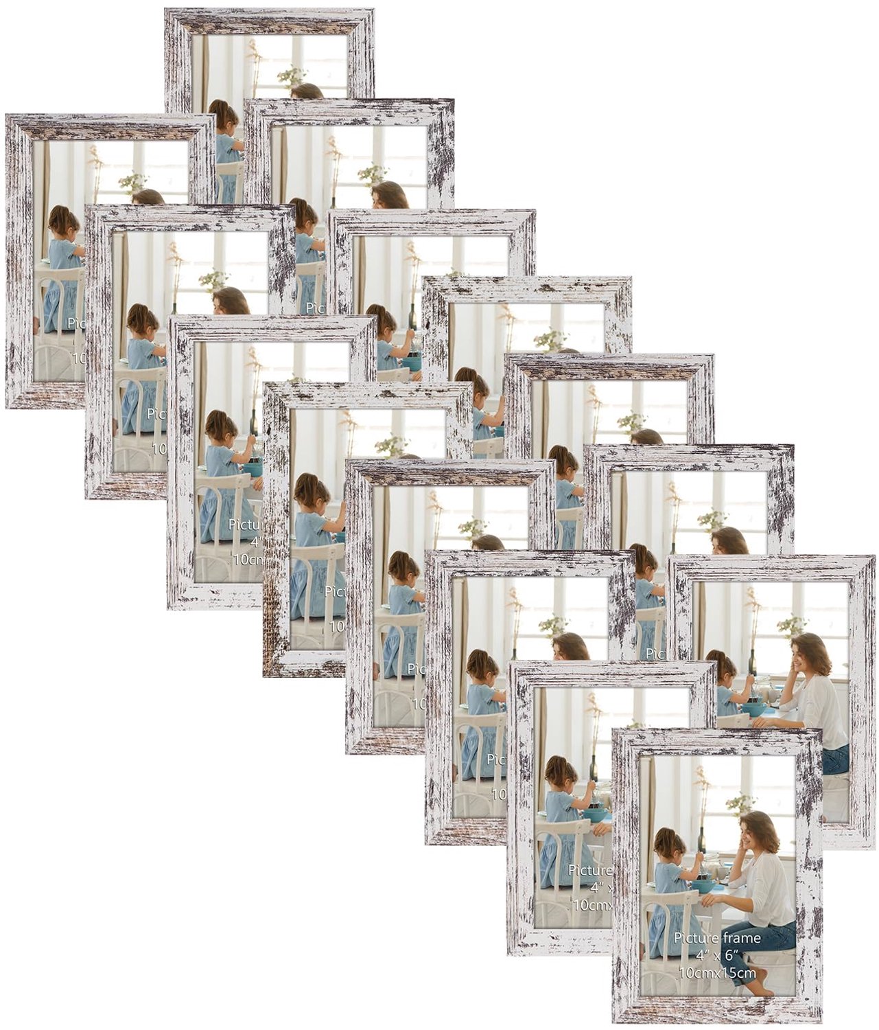 Famanu Set van 15 fotolijsten, 10 x 15 cm, vintage wit met verweerde korrel, voor wand- of tafelstandaard, perfect voor collage en het tentoonstellen van foto's met een rustieke charme