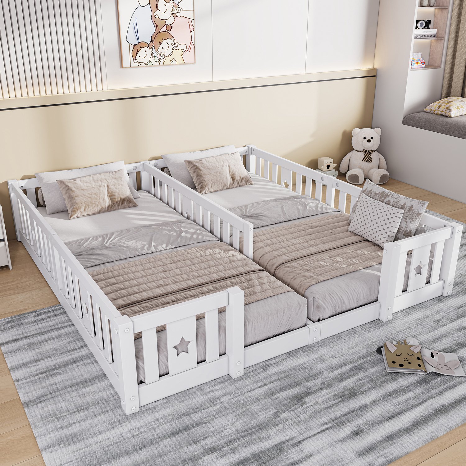Mofor Montessori kinderbed met 2 slaapplaatsen van 90x200 cm - houten vloerbed met uitvalbeveiliging - sterrenmotief - wit - zonder lattenbodem