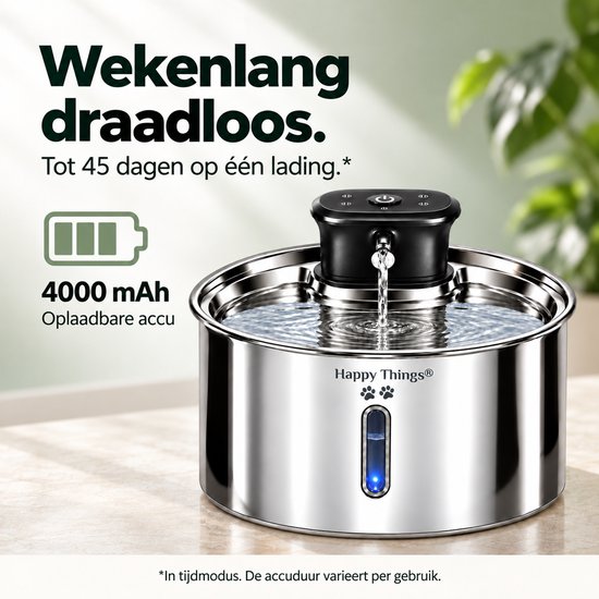 Happy Things RVS drinkfontein met 4000 mAh oplaadbare accu voor tot 45 dagen draadloos gebruik.