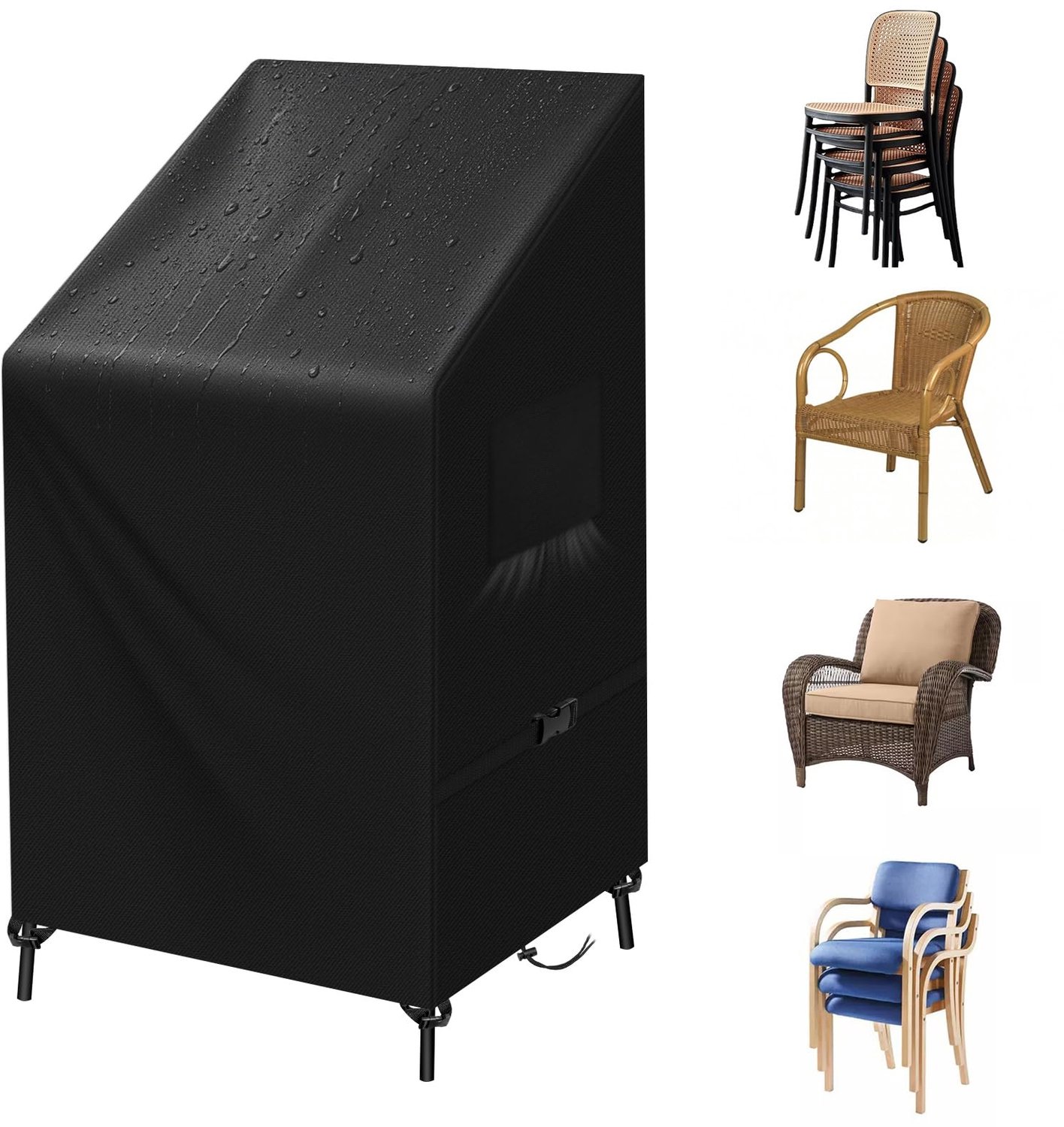 Famanu Waterdichte tuinstoelhoes van 420D Oxford-weefsel, zwart, 120 x 65 x 65/80 cm, robuust en geschikt voor stapelbare stoelen, biedt uitstekende bescherming tegen slecht weer en UV-straling