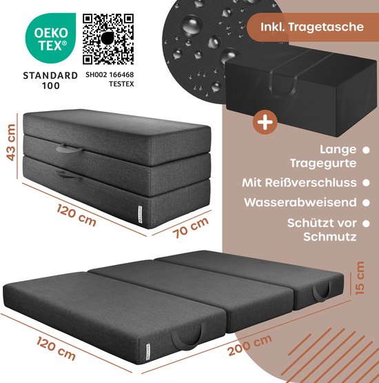 KESSER® Logeermatras - 3-voudig opvouwbaar vouwmatras met draagtas - 15 cm dik - 120x195 cm - Antraciet