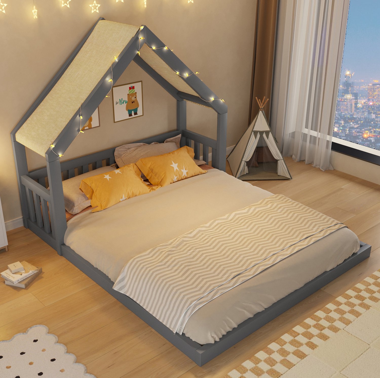 MIVRAY Huisbed 140x200 cm - Houten Bed met Stoffen Dak en Lichtslinger - Voor Kinderkamer en Tienerkamer - MDF - Grijs - Matras Niet Vermeld