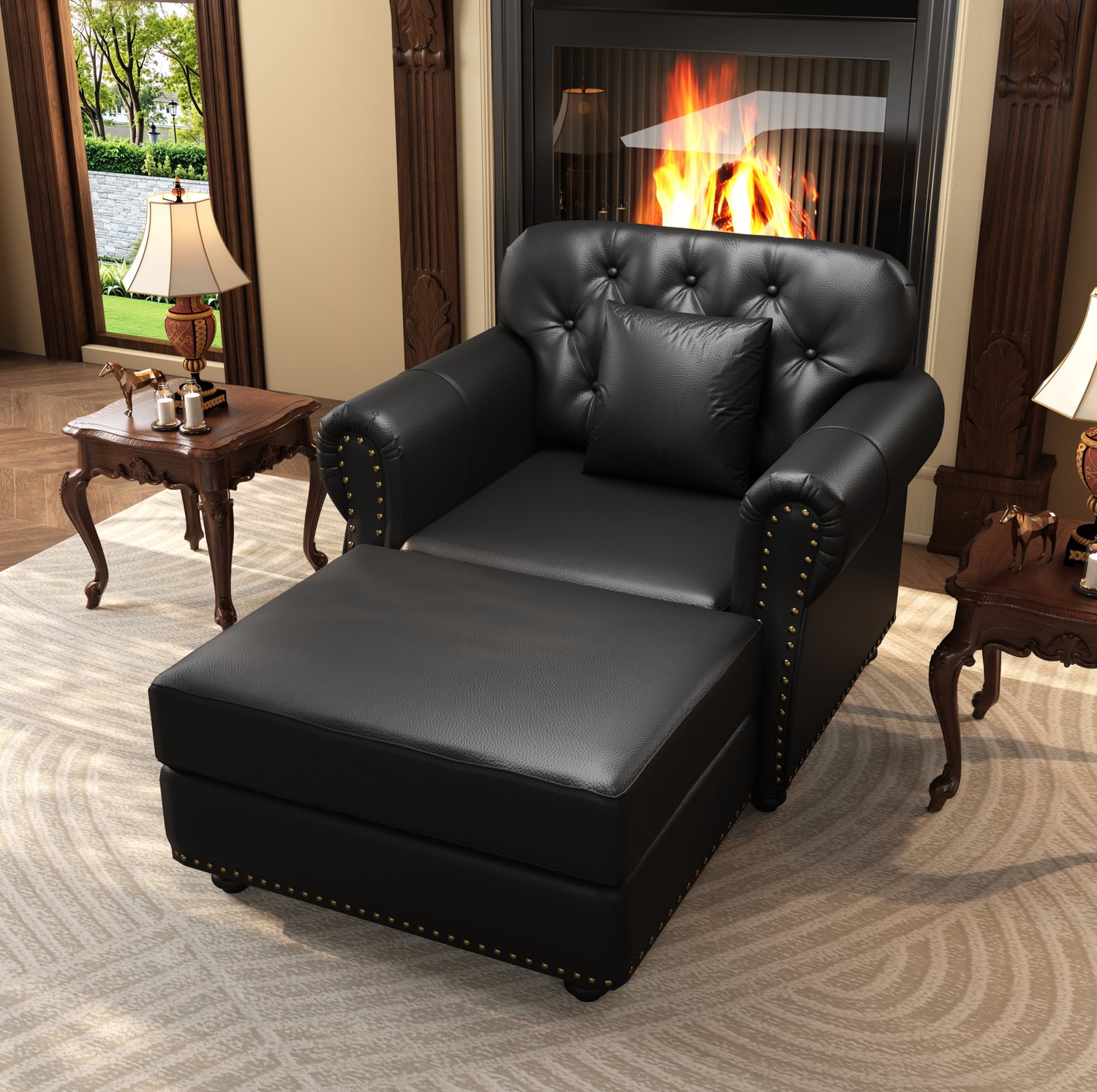 STILVORA Chesterfield Fauteuil 105 cm - Met Hocker en Kussen - Knoopdetails en Gerolde Armleuningen - Voor Woonkamer - Kunstleer - Zwart