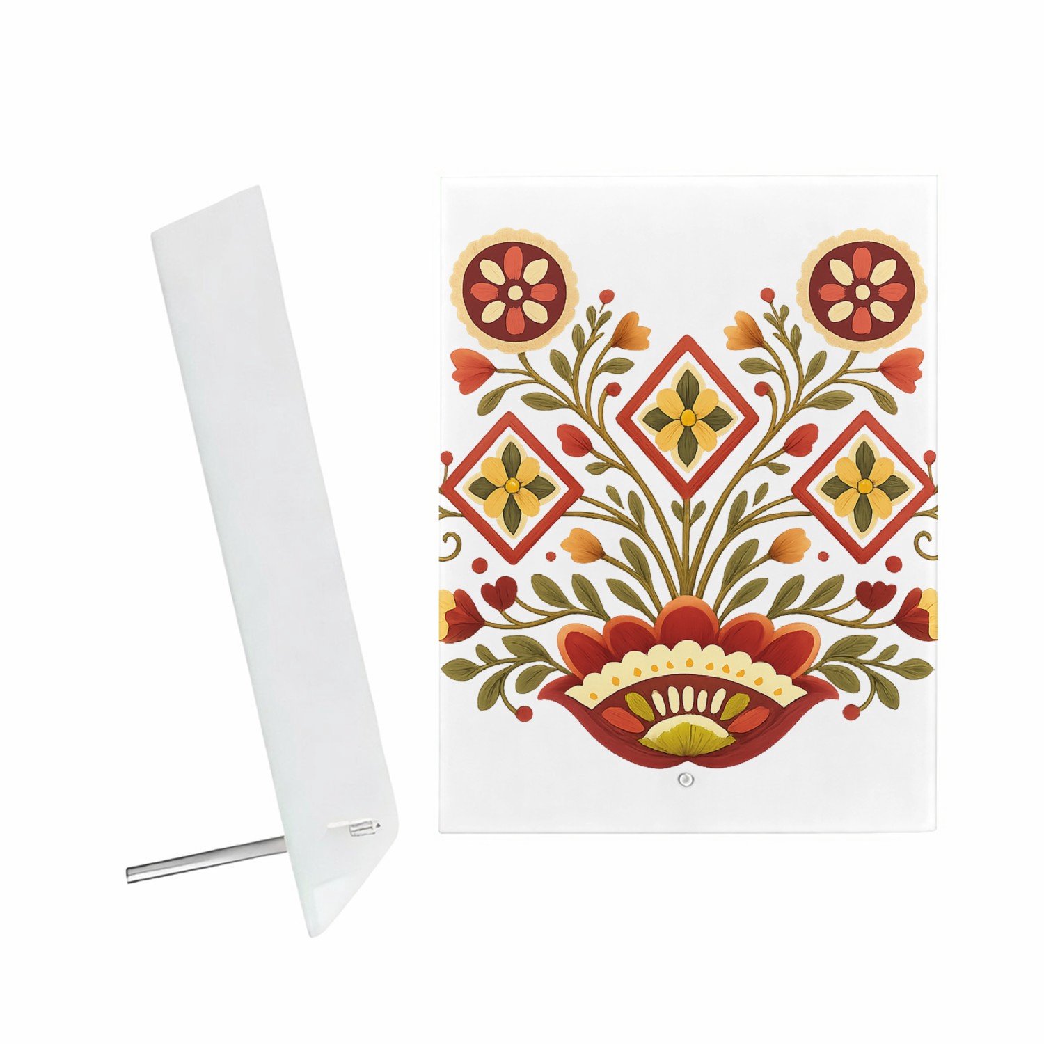 Mr Cadeautjes Glazen fotopaneel Een zonvormig botanisch medaillon met compacte, strakke symm - 15 x 20 cm, staand - glas, decoratie, wanddecoratie | cadeau Wit