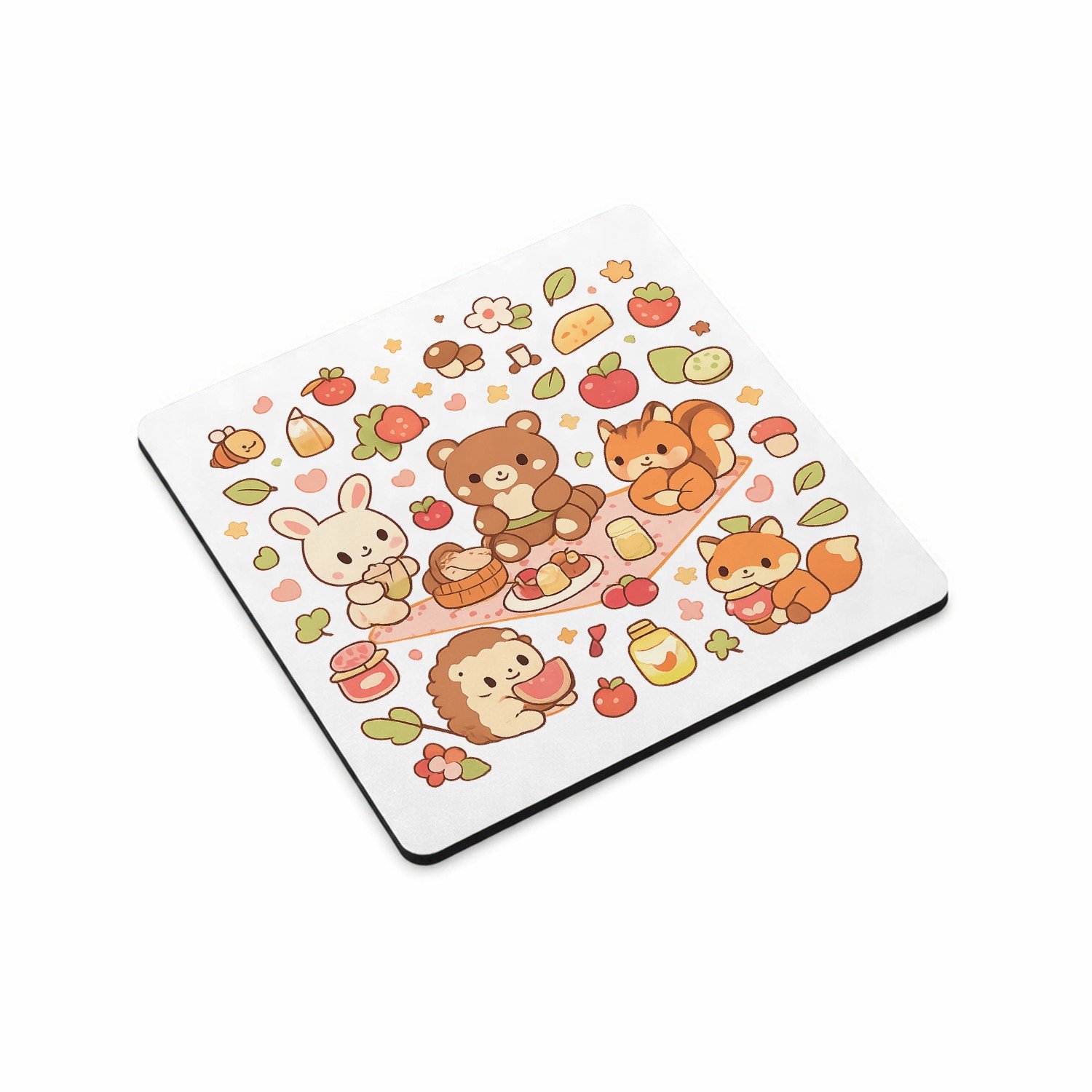 Mr Cadeautjes MDF magnetische fotolijst vierkant 9,5 - design Een vrolijke set kleine bosdieren die samen picknicken tusse | cadeau Wit