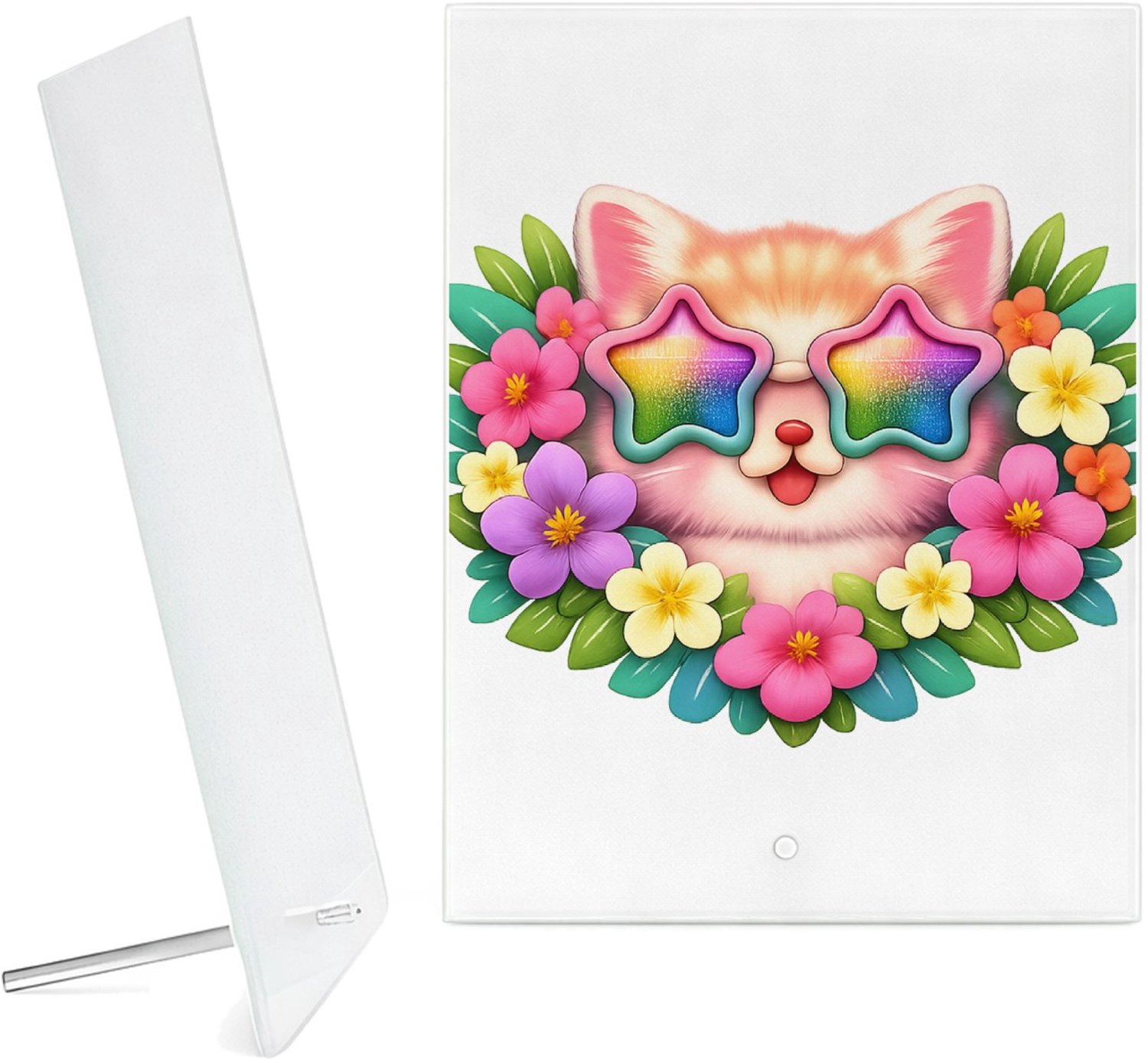 Mr Cadeautjes Glazen fotopaneel Een stoer en vrolijk fantasiedier als centraal badge-motief - 15 x 20 cm, staand - glas, decoratie, wanddecoratie | cadeau Wit