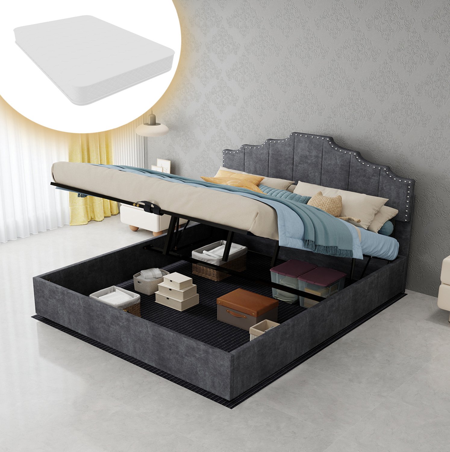MODFU Gestoffeerd Tweepersoonsbed - Lattenbodem - Met Matras - Grijs - 160 X 200 Cm