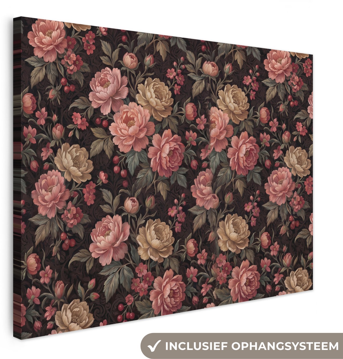 Canvas schilderij 120x90 cm - Exclusieve wanddecoratie Bloemen - Patroon - Natuur - Vintage - Roze - Muurdecoratie woonkamer - Slaapkamer decoratie - Kamer accessoires - Schilderijen op canvas groot XXL