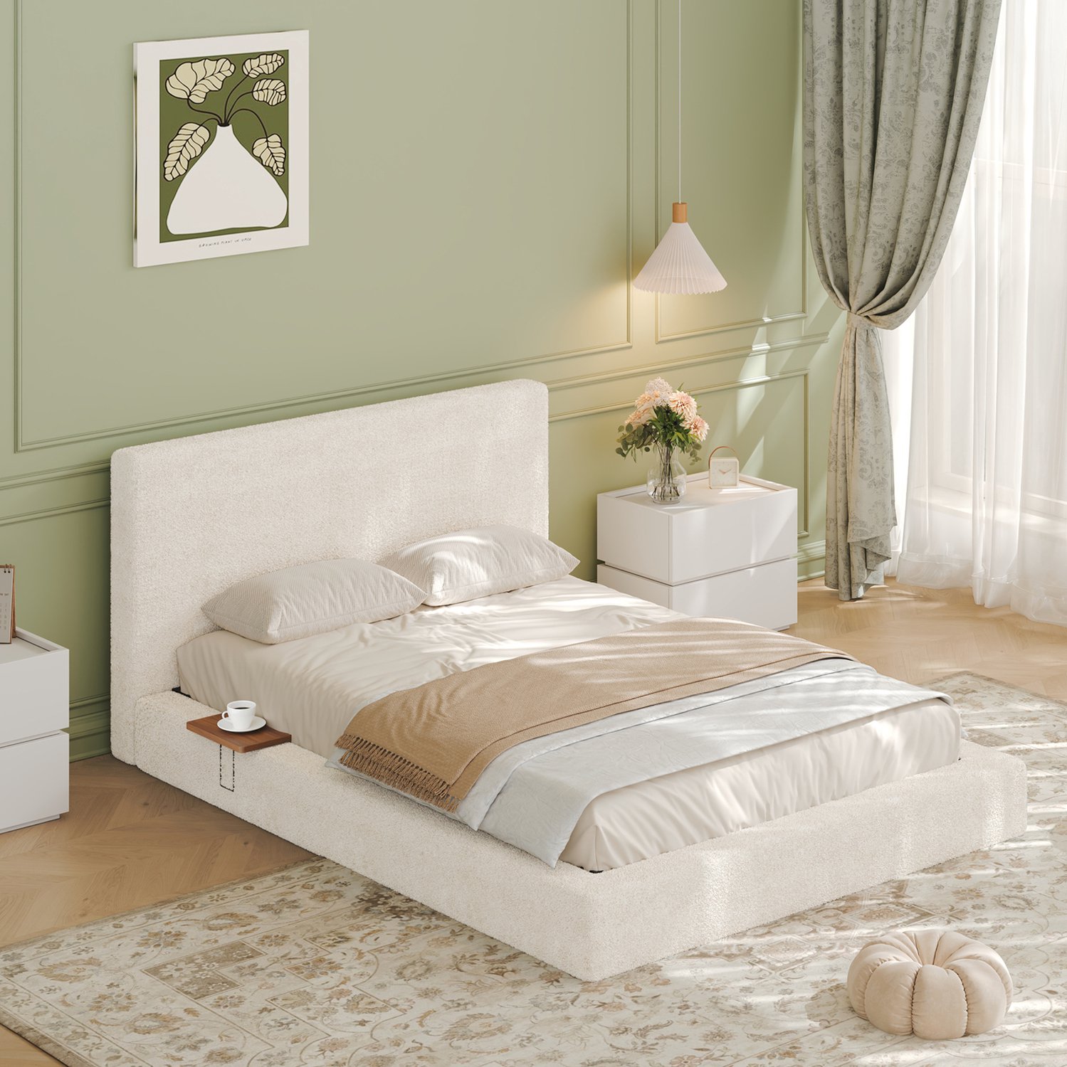 MODFU Bedframe - Gestoffeerd - Verschuifbare Houten Zijtafels - Crèmewit - 140 X 200 Cm