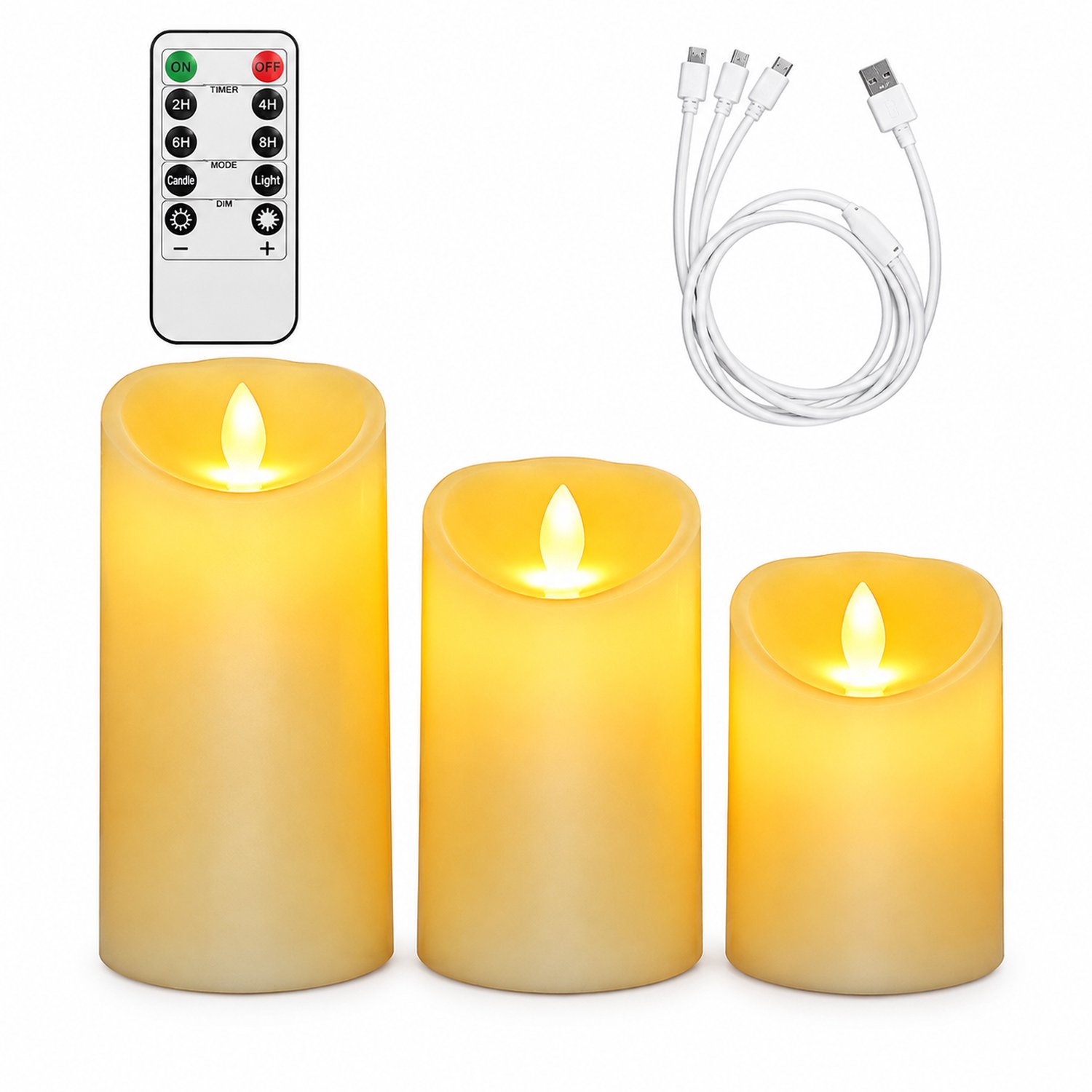 SWGOTA led kaarsen, set van 3, oplaadbaar met afstandsbediening en USB-laadkabel, schuine bovenrand en vlamvorm voor bruiloften en kerstdecoratie Wit