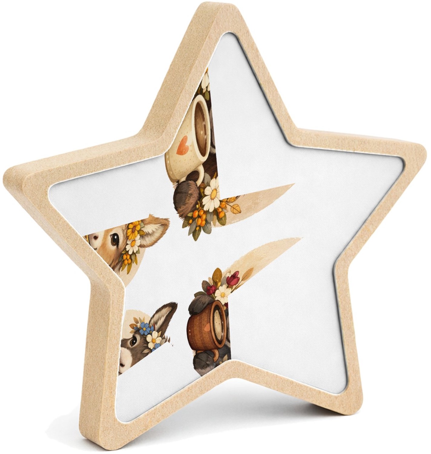 Mr Cadeautjes MDF fotolijst ster 14 x 13,5 - design Een serie ezelportretten met boeketjes en een warme drank in | cadeau Wit
